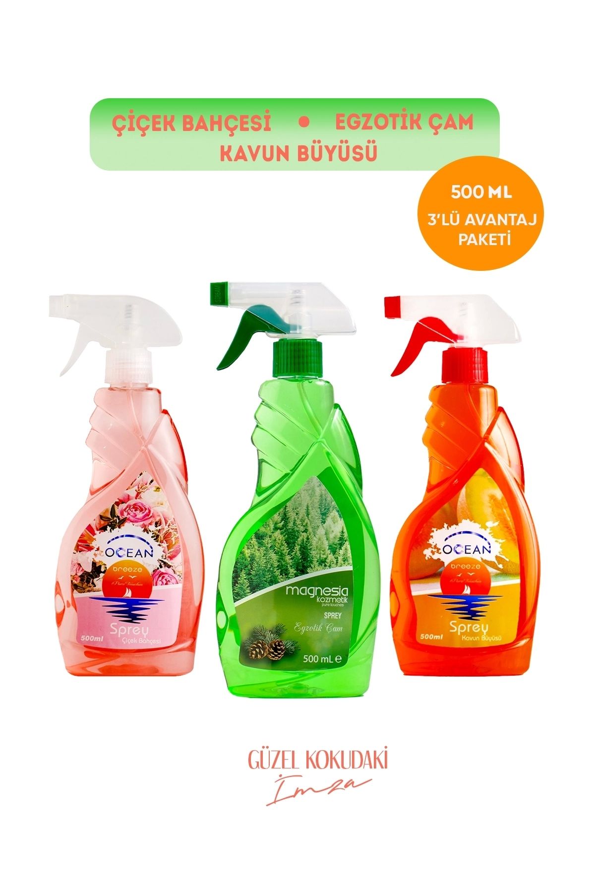 Magnesia Kozmetik Pure Touches MAGNESİA ODA/ORTAM SPREYİ (ÇAM,ÇİÇEK BAHÇESİ,KAVUN) 500ML AVANTAJLI 3LÜ SET