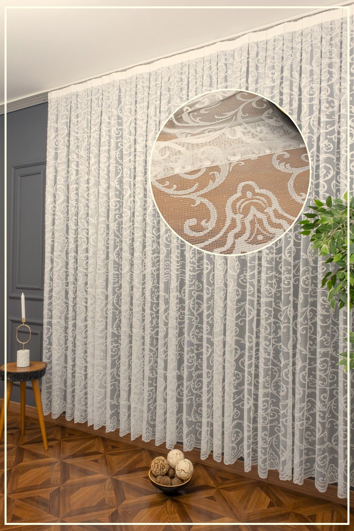 Caserta Home Pilesiz Şal Desen Kırık Beyaz (Ekru) Örme Tül Perde 1.Sınıf Kalite