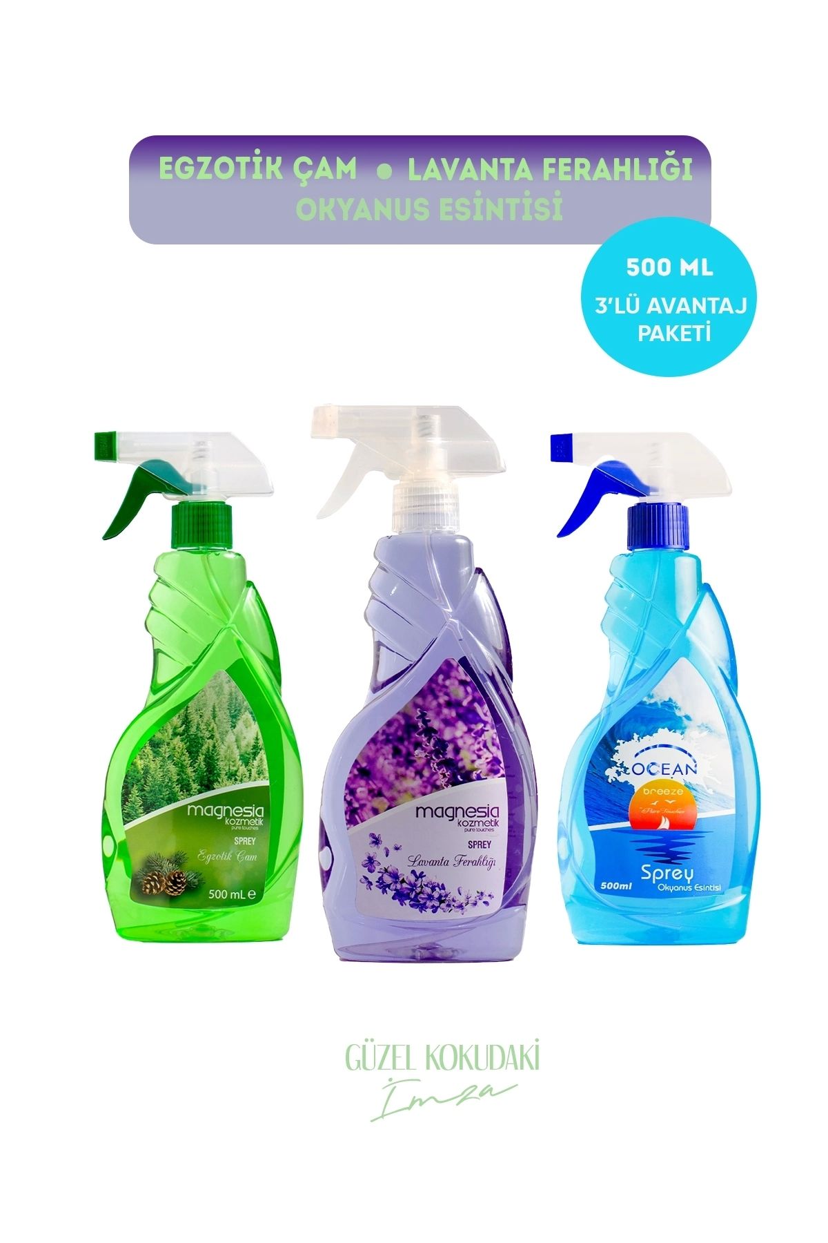 Magnesia Kozmetik Pure Touches MAGNESİA ODA/ORTAM SPREYİ (ÇAM,LAVANTA,OKYANUS) 500ML AVANTAJLI 3LÜ SET