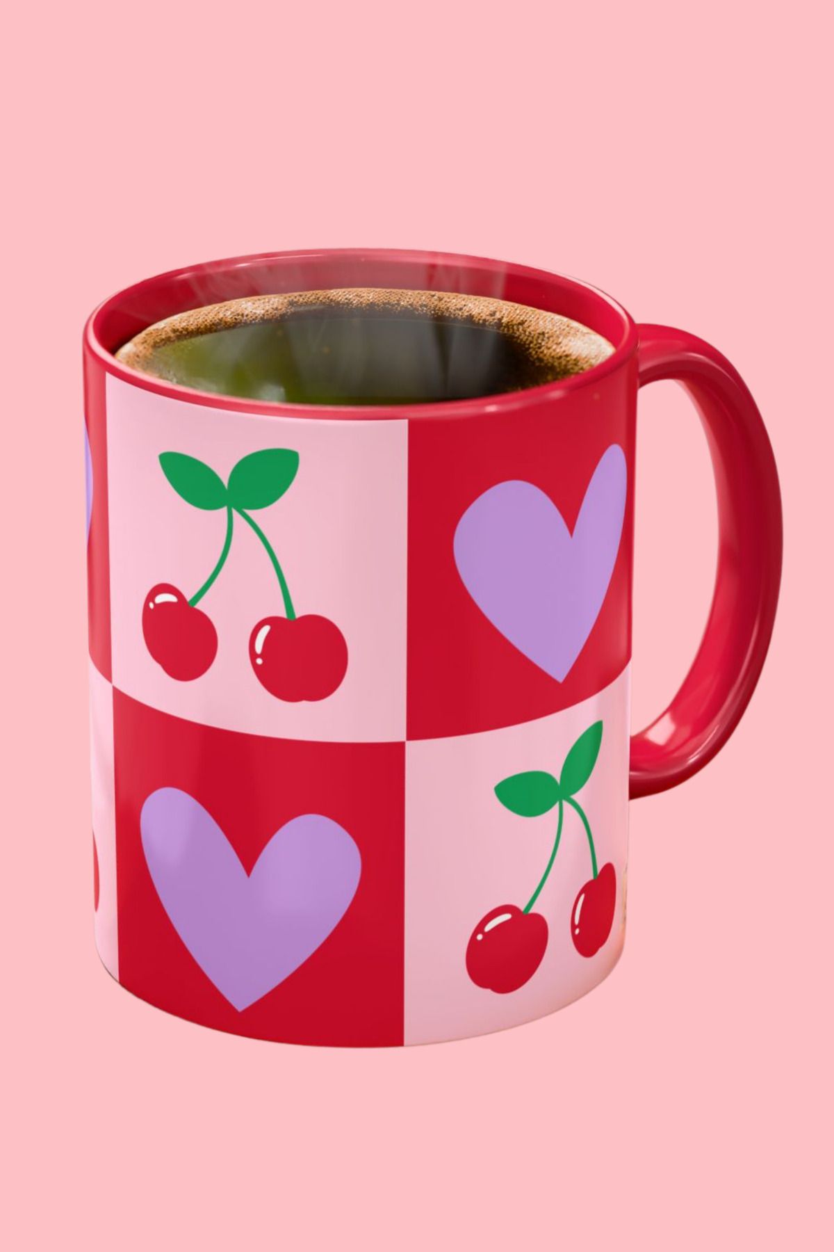 Midas Design Cherry Heart Temalı Kirazlı Kalpli Tasarım Porselen Renkli Kupa