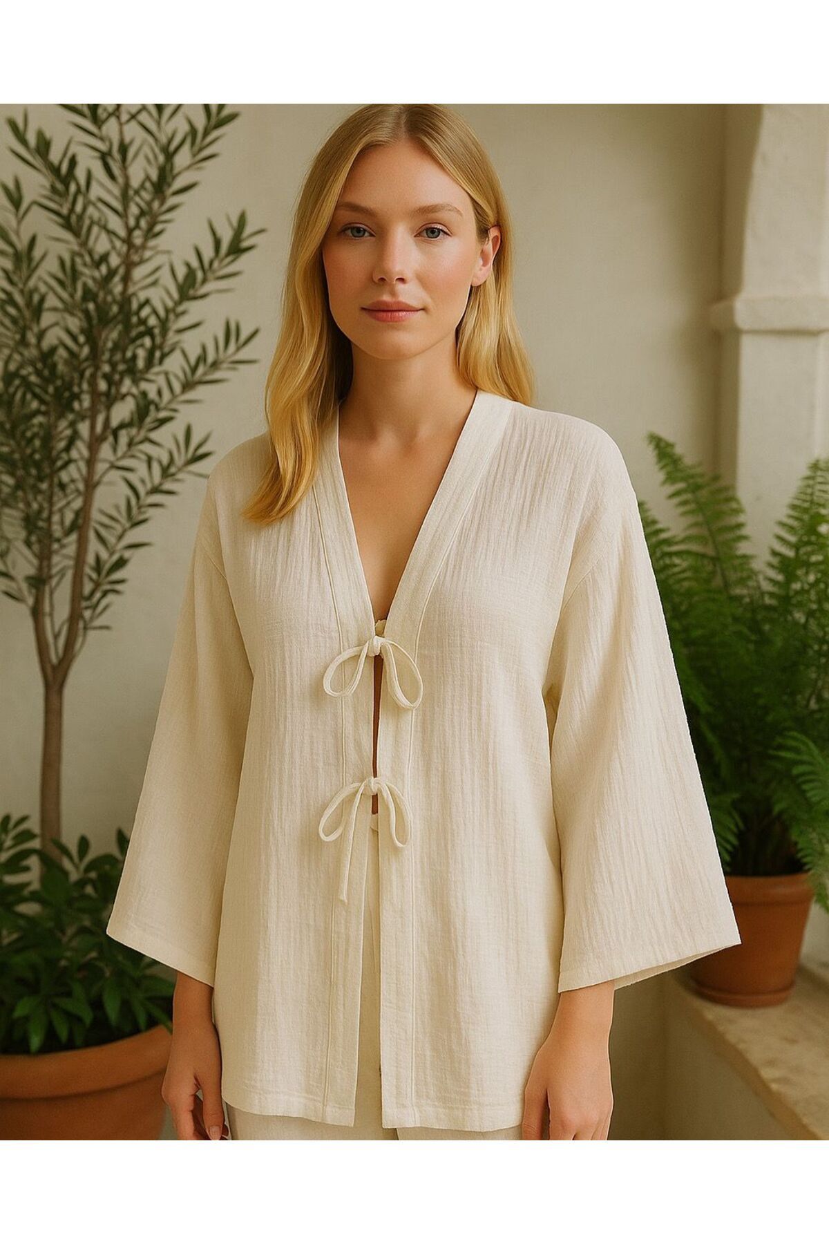Balenbi Kadın Çift Bağlamalı Müslin Kumaş Kimono 1101