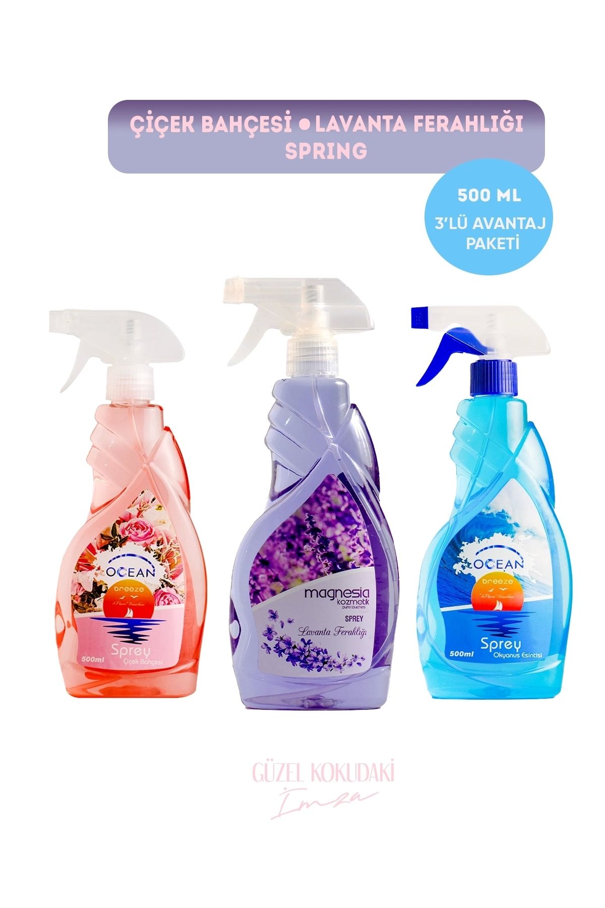 Magnesia Kozmetik Pure Touches MAGNESİA ODA/ORTAM SPREYİ (LAVANTA,ÇİÇEK BAHÇESİ,OKYANUS) 500ML AVANTAJLI 3LÜ SET