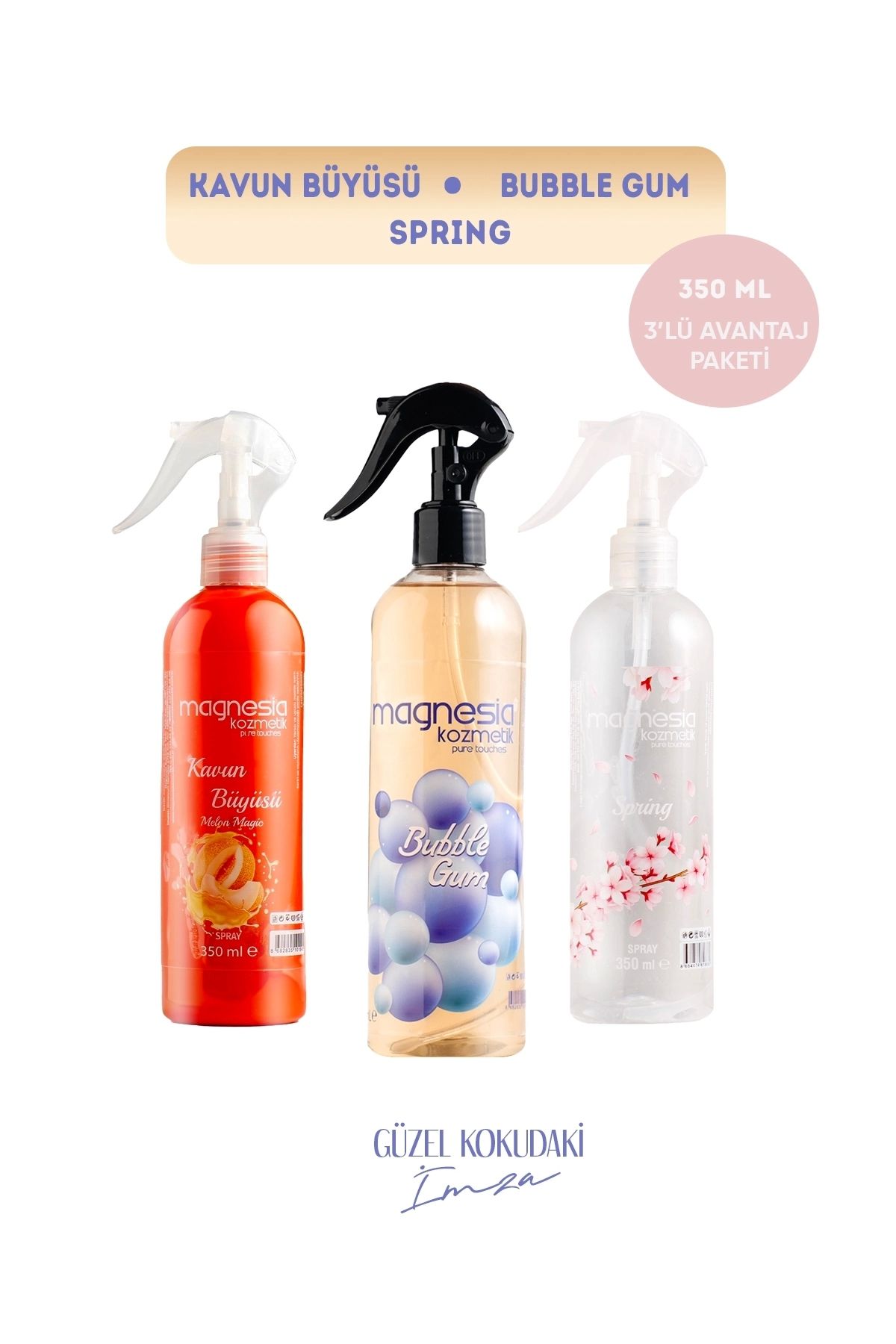 Magnesia Kozmetik Pure Touches MAGNESİA OTO PARFÜM SPREYİ KAVUN,SPRİNG,BUBBLE 3'LÜ AVANTAJLI SET