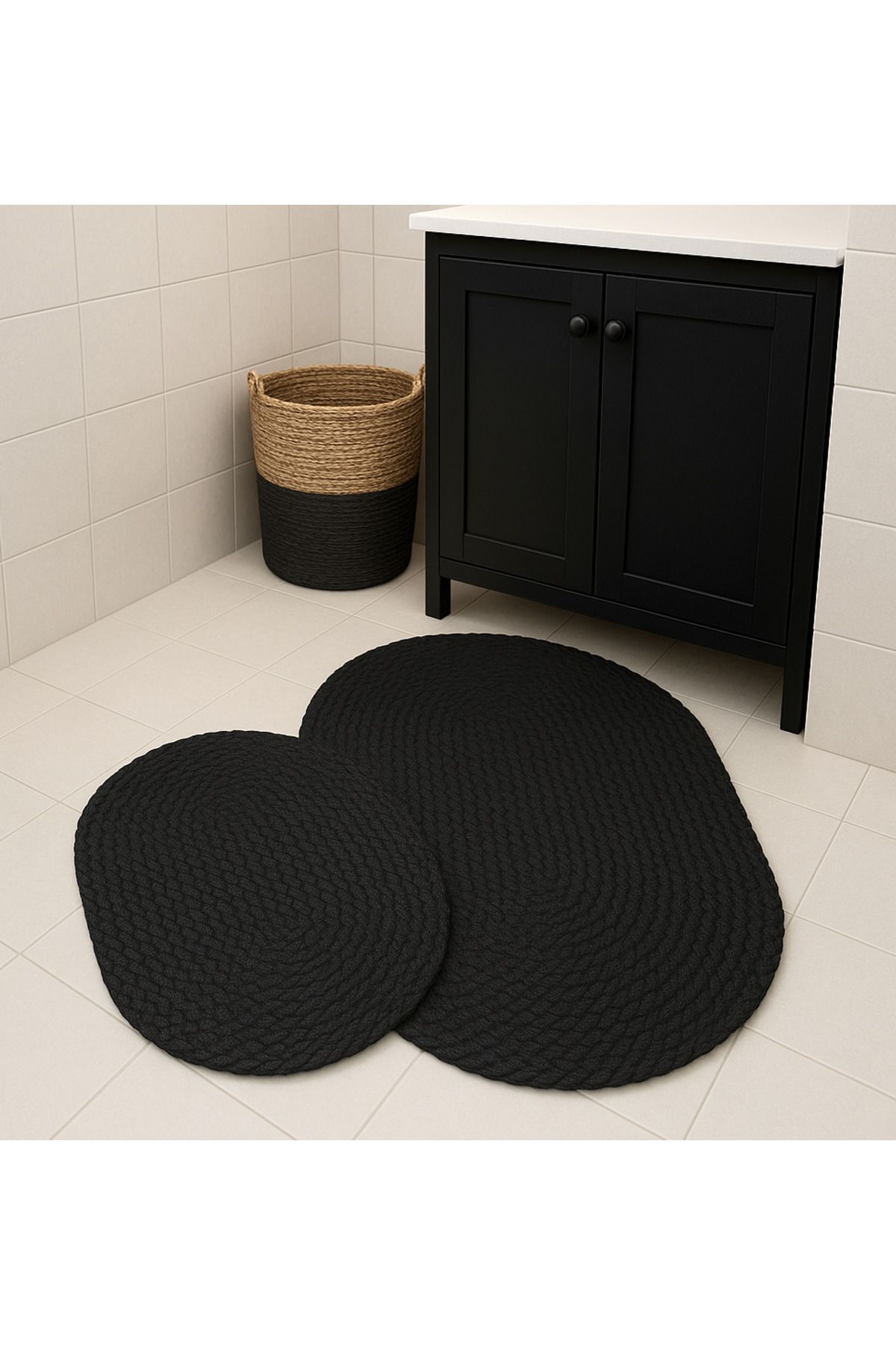 Home Doğal Örgü Oval Banyo Paspas Seti – 2’li El Yapımı Pamuklu Paspas