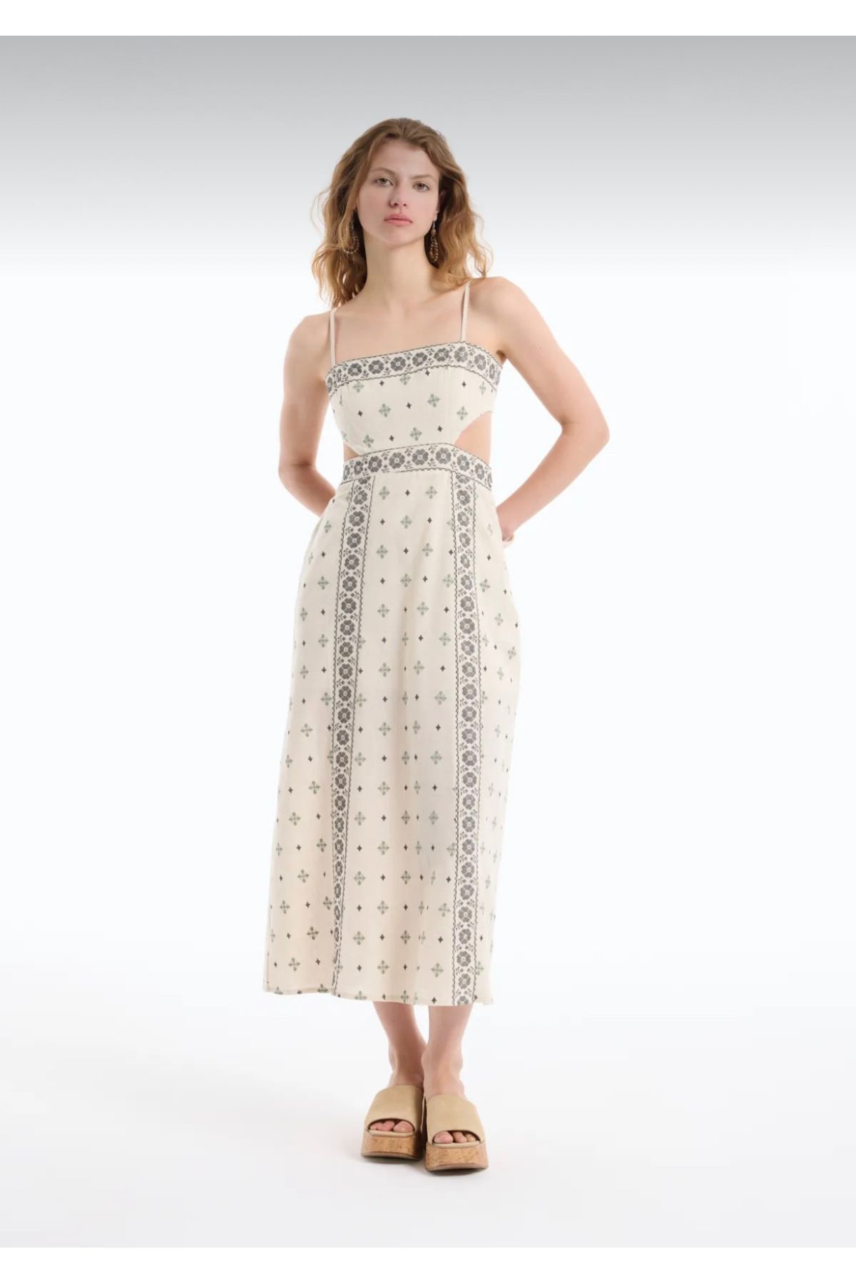 Tumtum Wear Etnik Desenli Cut Out Dekolteli Elbise Naturel