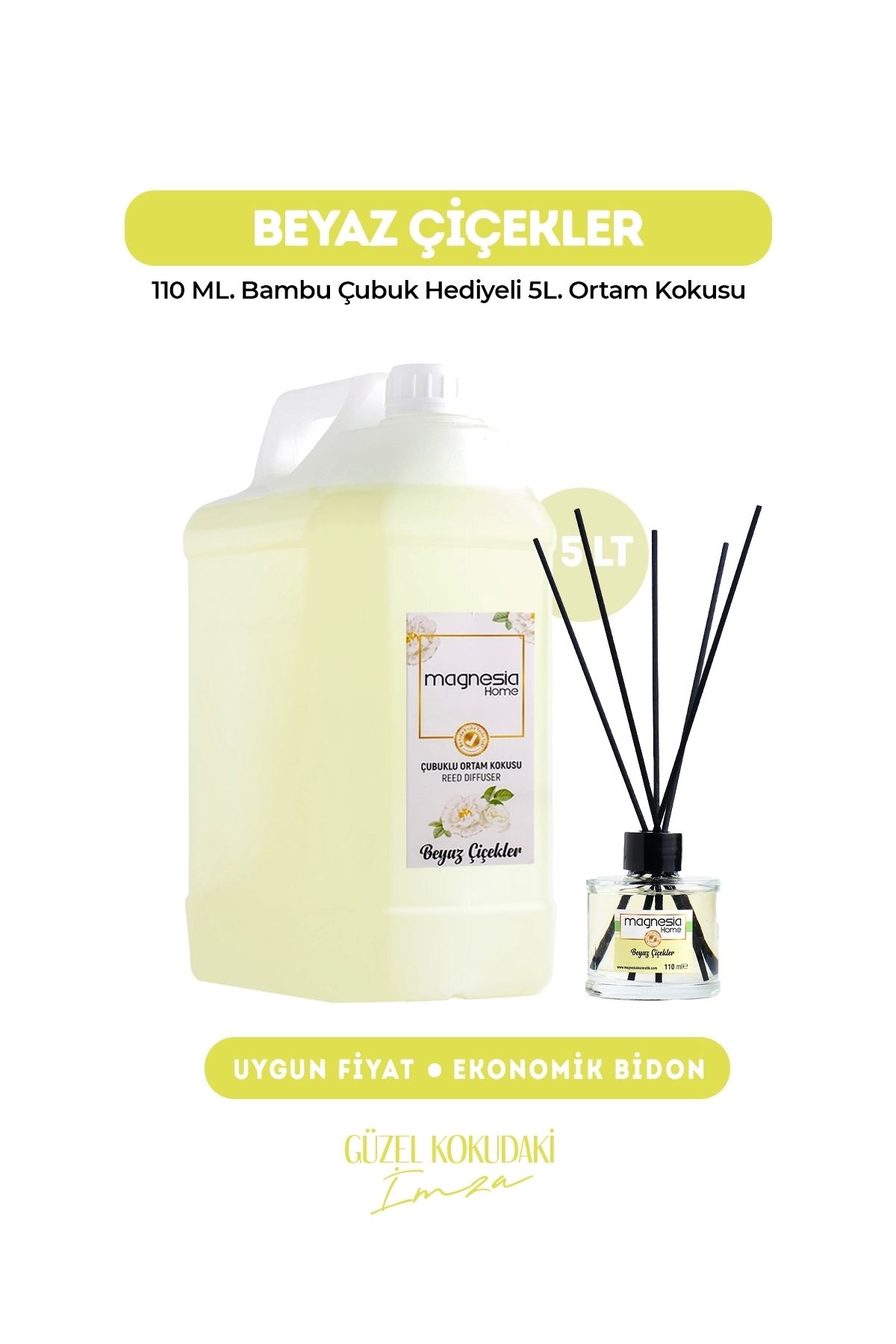 Magnesia Kozmetik Pure Touches Magnesia Beyaz Çiçekler Çubuklu Oda kokusu 5Lt. Ekonomik Bidon+Sürpriz Hediyeli