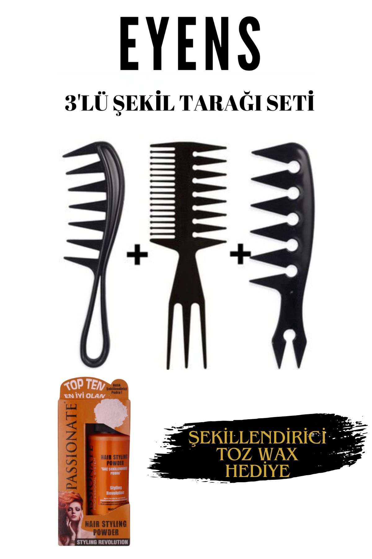EYENS 3'lü Wax Şekil Tarağı Seti ( Şekillendirici Toz Wax Hediye )
