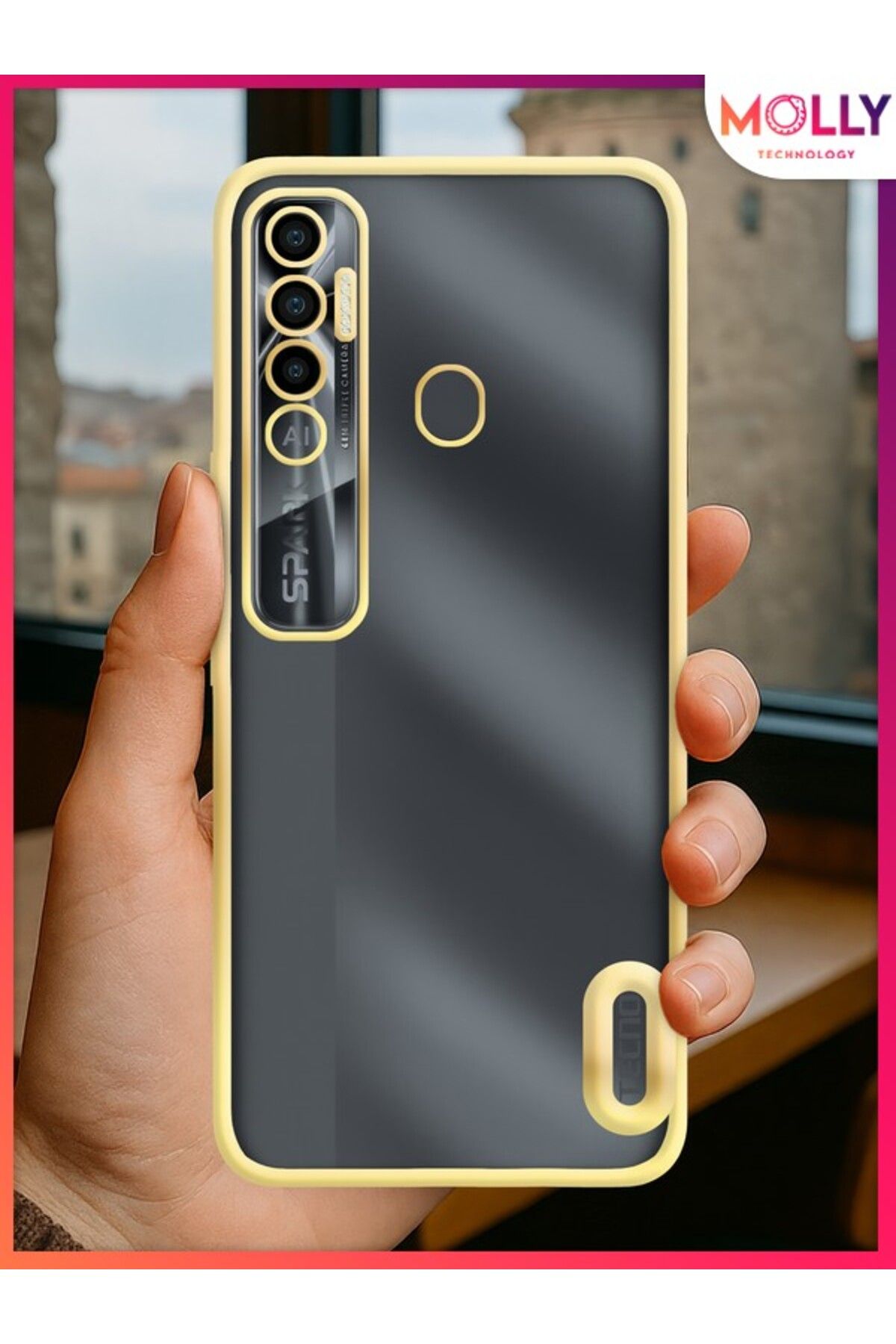 Molly Tecno SPARK 7 PRO Için Kenarları Gold Lens Koruyuculu Lou Lazer Şeffaf Silikon Kılıf