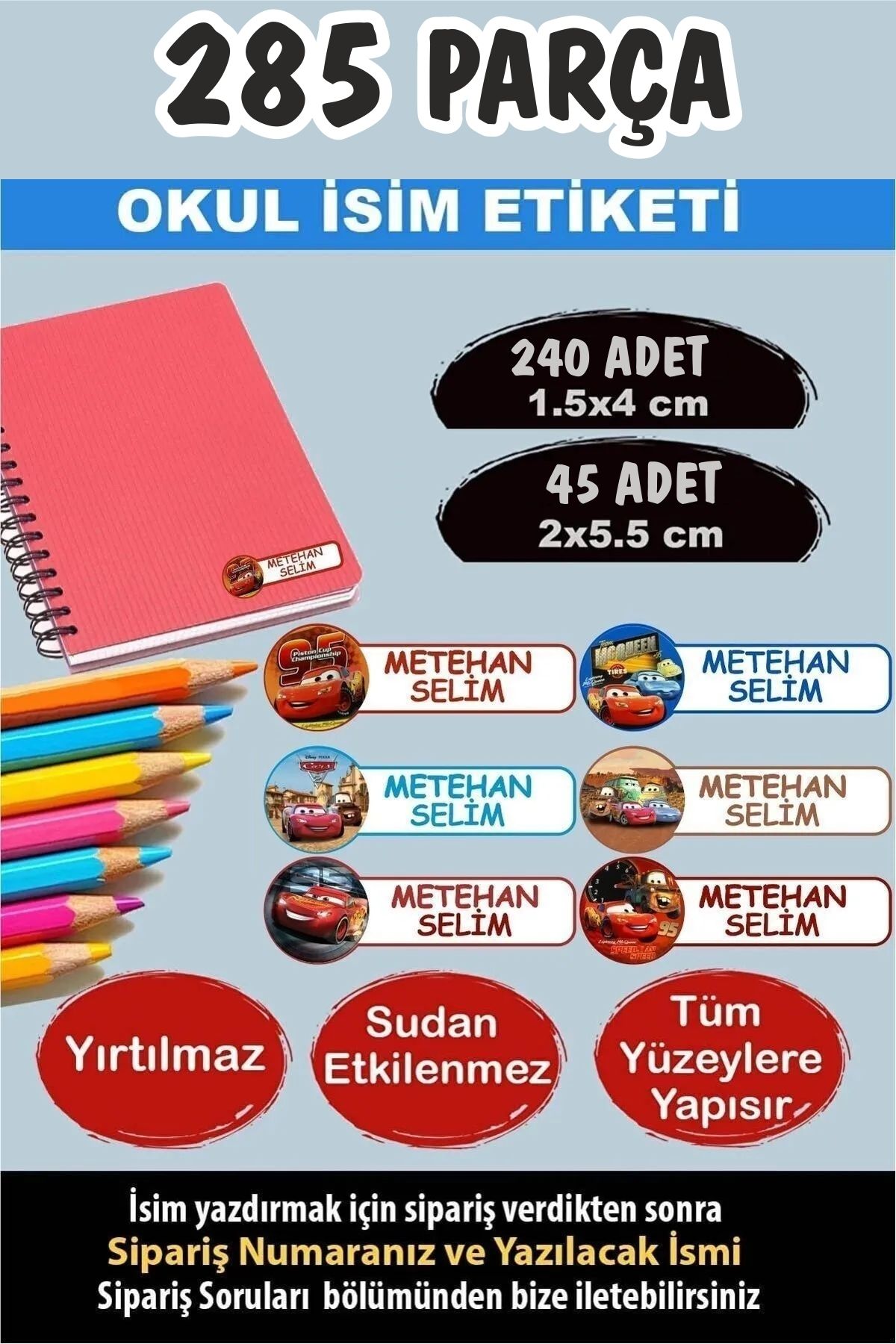KT Decor Okul Etiketi Kalem Defter Etiketi Özel Isimli Etiket Arabalar 6 Figür 285 Parça