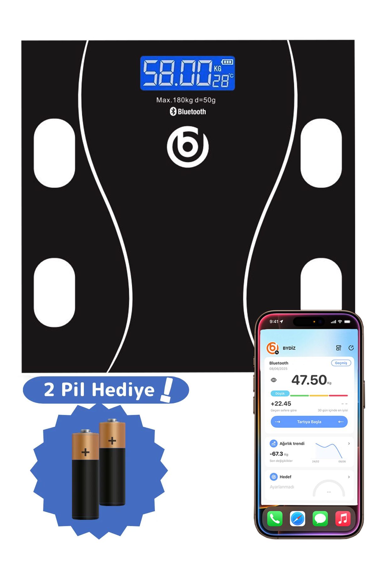 bydiz Bluetoothlu Vücut Analiz Baskülü, Tartı, Yağ, Su, Kas ve Vücut Kitle Endeksi Ölçer, Dijital Tartı