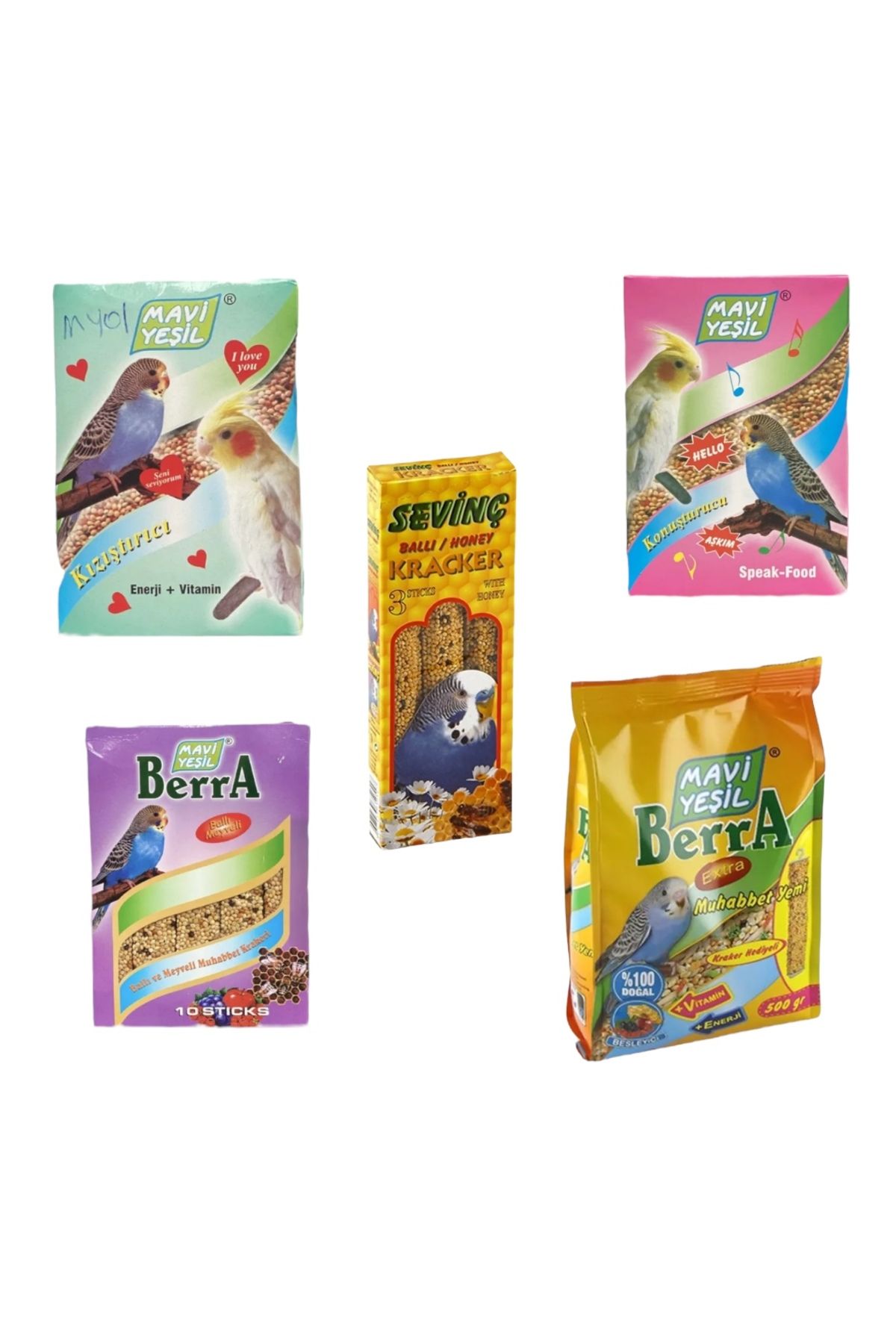 Mavi Yeşil Berra Mavi Yeşil & Sevinç 5’li Muhabbet Kuşu Yemi ve Kraker Seti | Vitaminli Enerjili Tam Paket