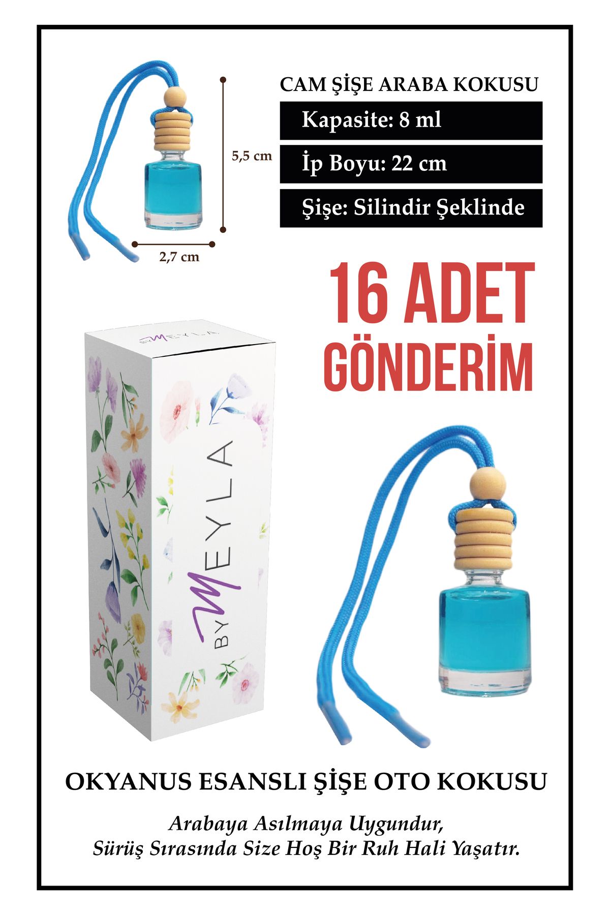Meröka 16 Adet Okyanus Esans Aromalı Cam Şişeli Oto Kokusu ve Dikiz Aynası Aksesuarı