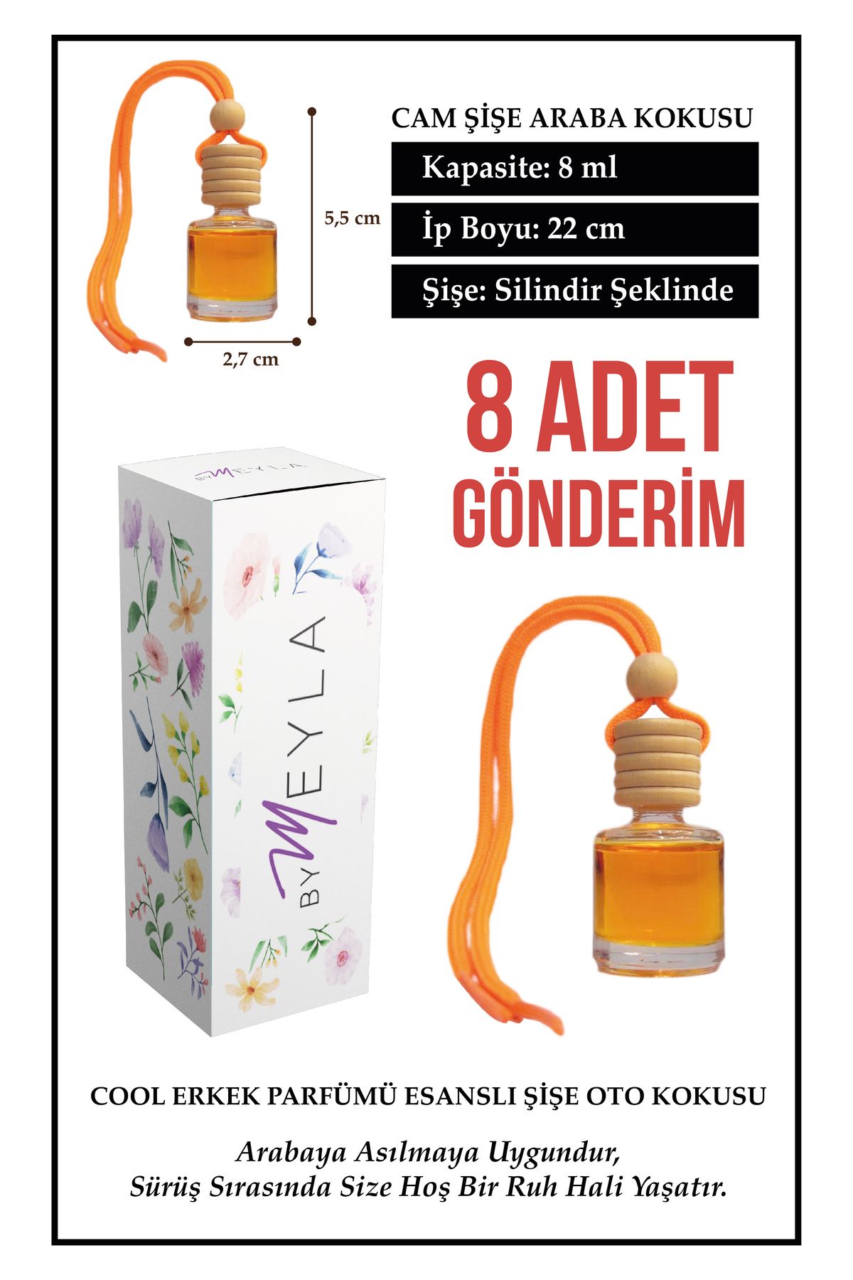 Meröka 8 Adet Erkek Parfümü Esans Aromalı Cam Şişeli Oto Kokusu ve Dikiz Aynası Aksesuarı