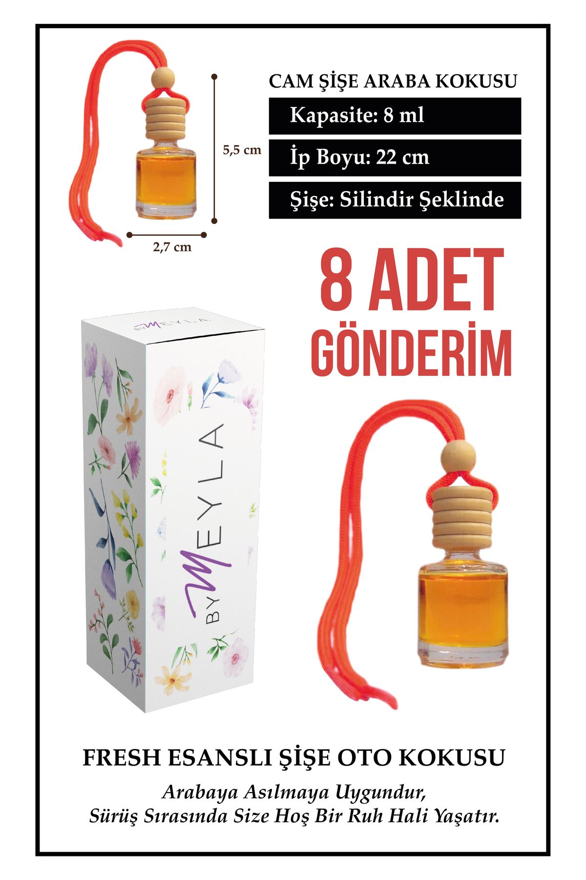 Meröka 8 Adet Fresh Esans Aromalı Cam Şişeli Oto Kokusu ve Dikiz Aynası Aksesuarı