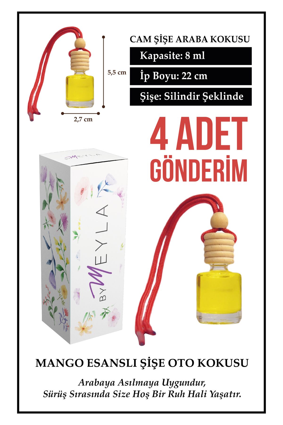 Meröka 4 Adet Mango Esans Aromalı Cam Şişeli Oto Kokusu ve Dikiz Aynası Aksesuarı