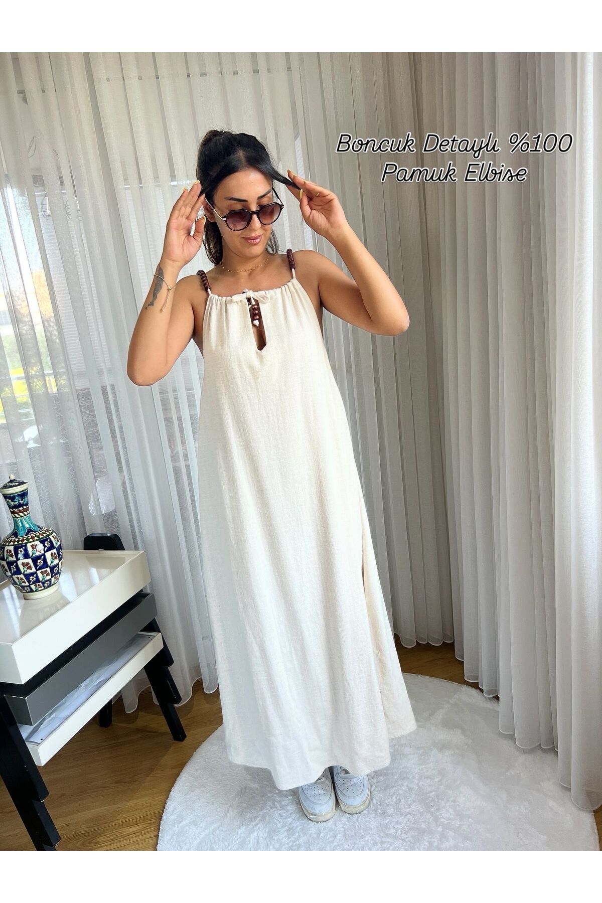 Girls House Krem Salaş Boncuk Askılı Yazlık Elbise - %100 Pamuk