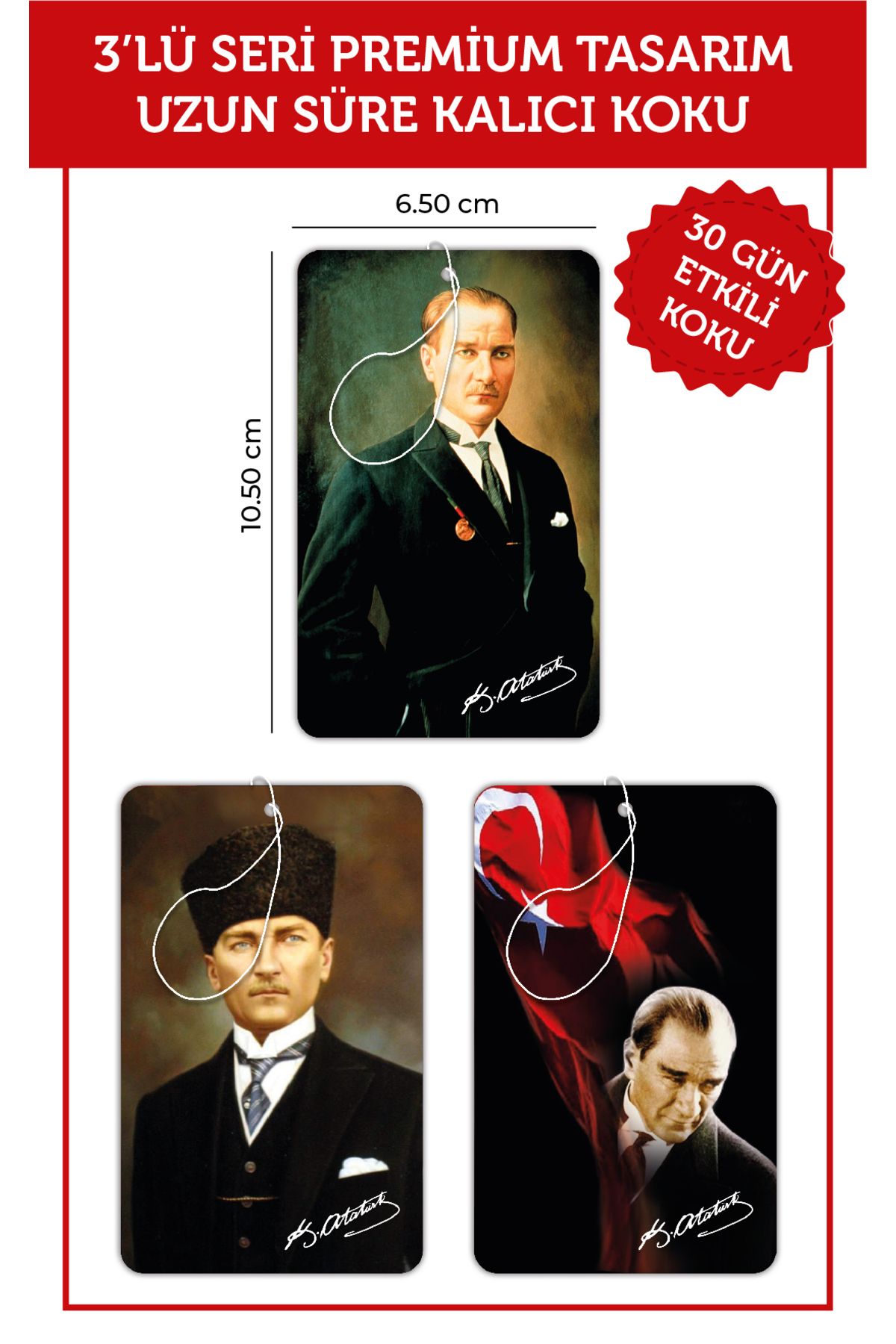 Meröka 3 Adet Gazi Mustafa Kemal Atatürk Görselli Oto Kokusu ve Dikiz Aynası Aksesuarı