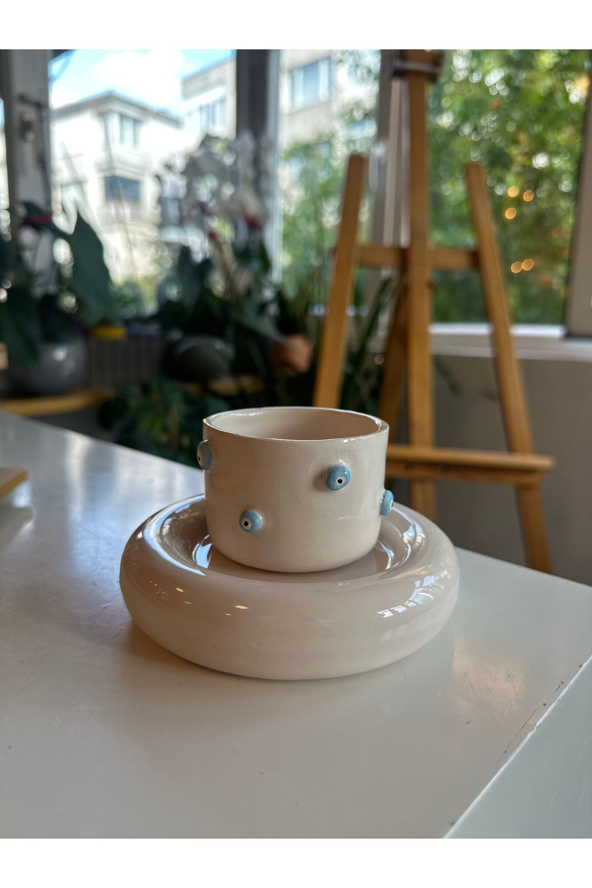 Vaveyla Sanat El Yapımı Nazar Boncuklu Türk Kahvesi Fincanı – Donut Tabaklı Seramik Espresso Fincanı