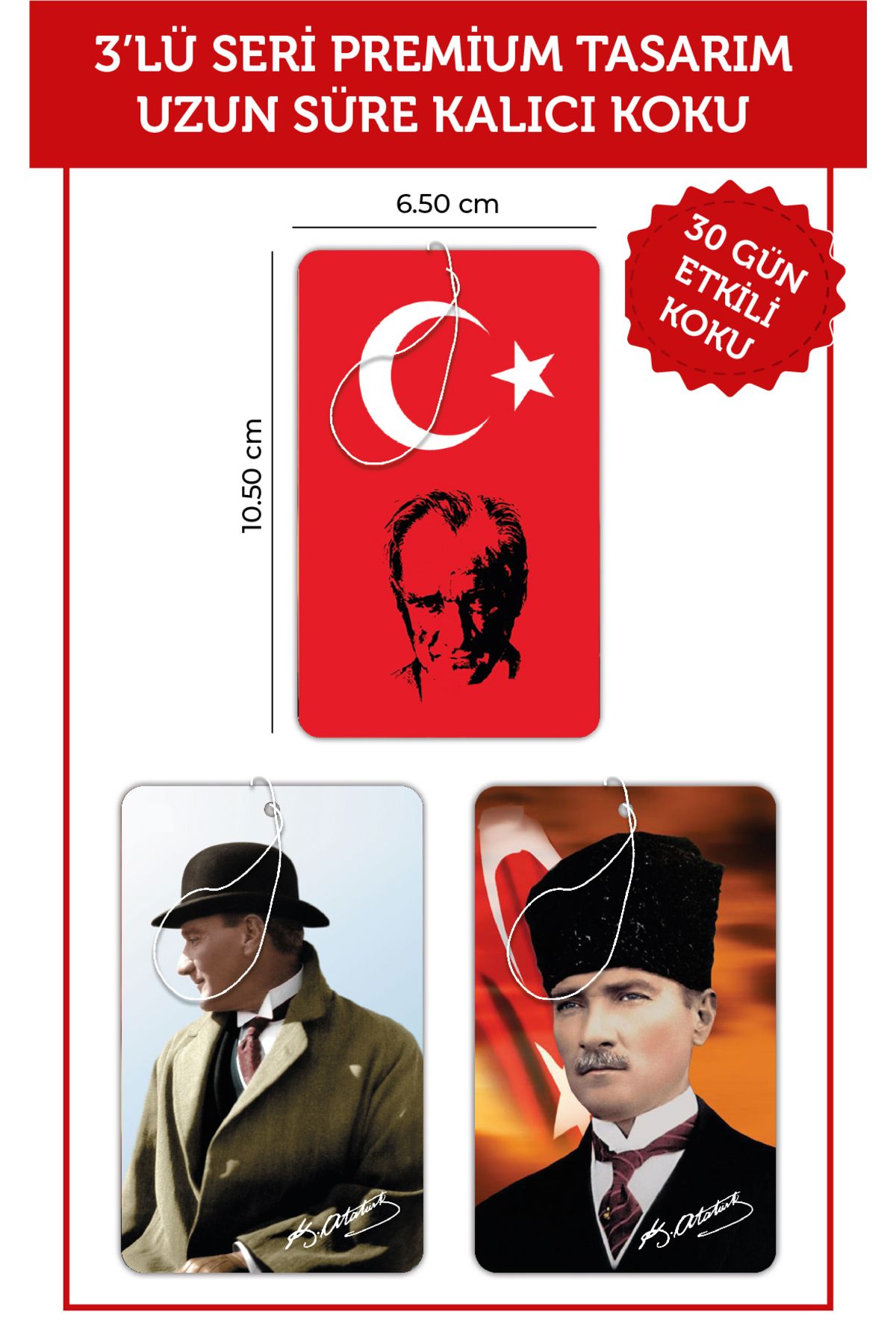 Meröka 3 Adet Mareşal Mustafa Kemal Atatürk Görselli Oto Kokusu ve Dikiz Aynası Aksesuarı