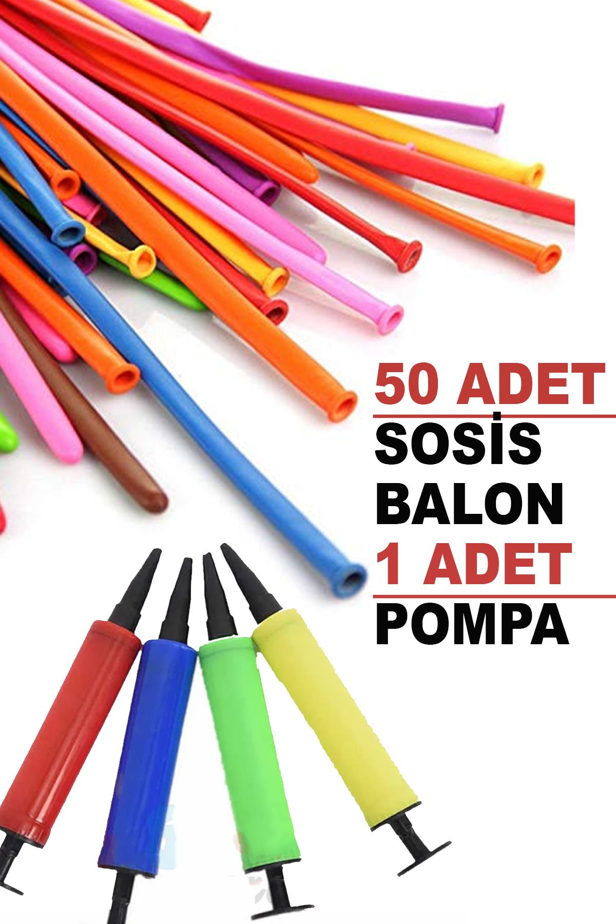 ferah feza 50 Adet Sosis Balon ve 1 Adet Mini Balon Pompası | Karışık Renk Parti İçin Sosis Balonu 50'li Set