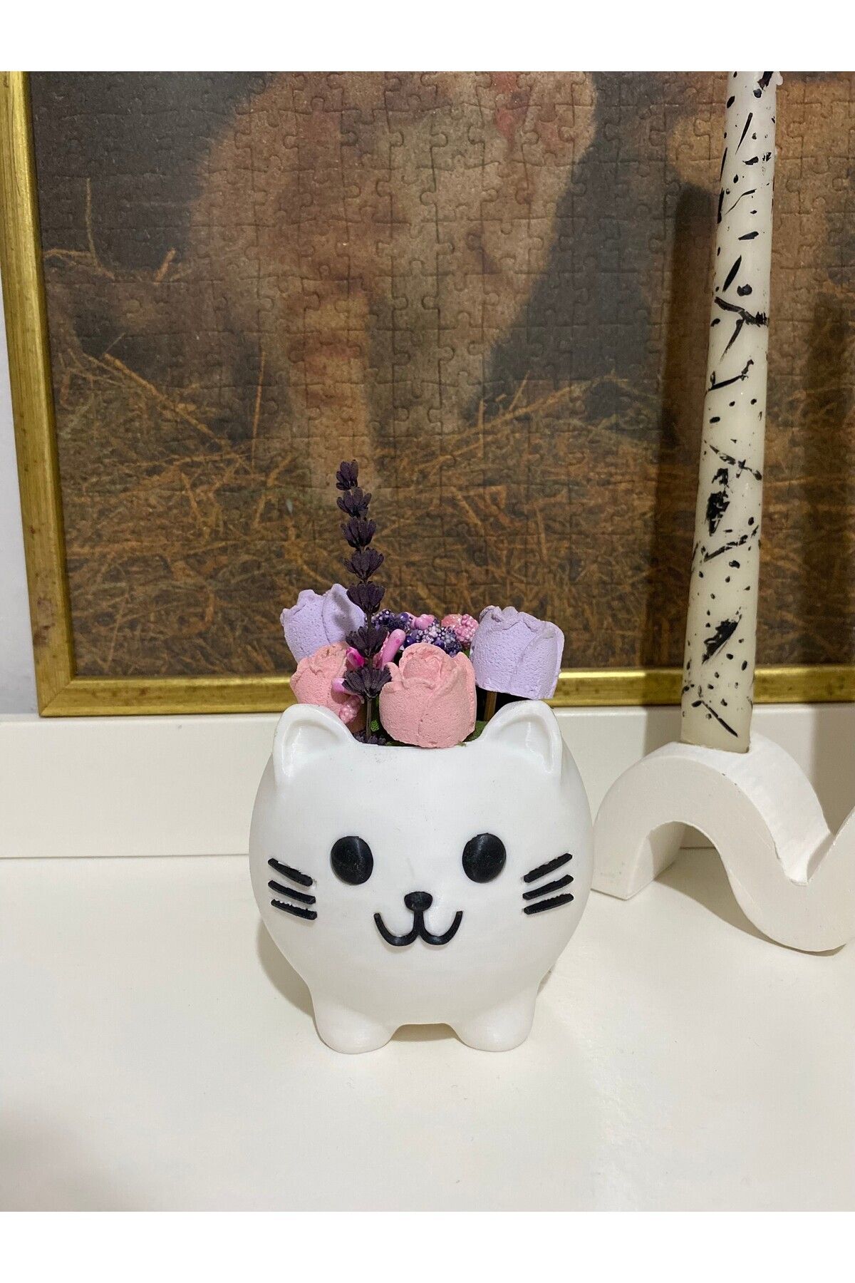 Saatistan 3D Kedi Figürlü Dekoratif Saksi, Beyaz