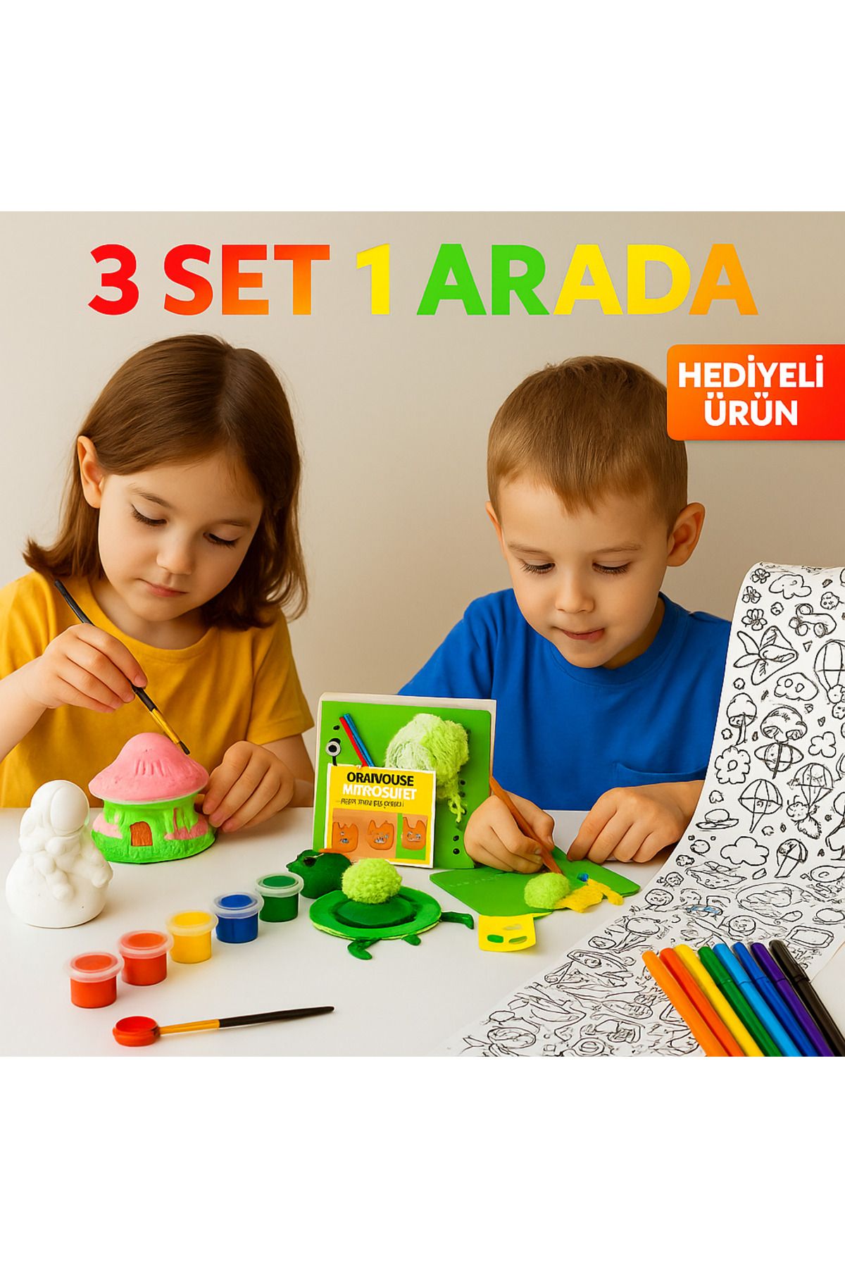 WeSank 3’ü 1 Arada Aktivite Seti – Alçı Boyama + Örgü Seti + 2 Metre Boyama Kağıdı Seti
