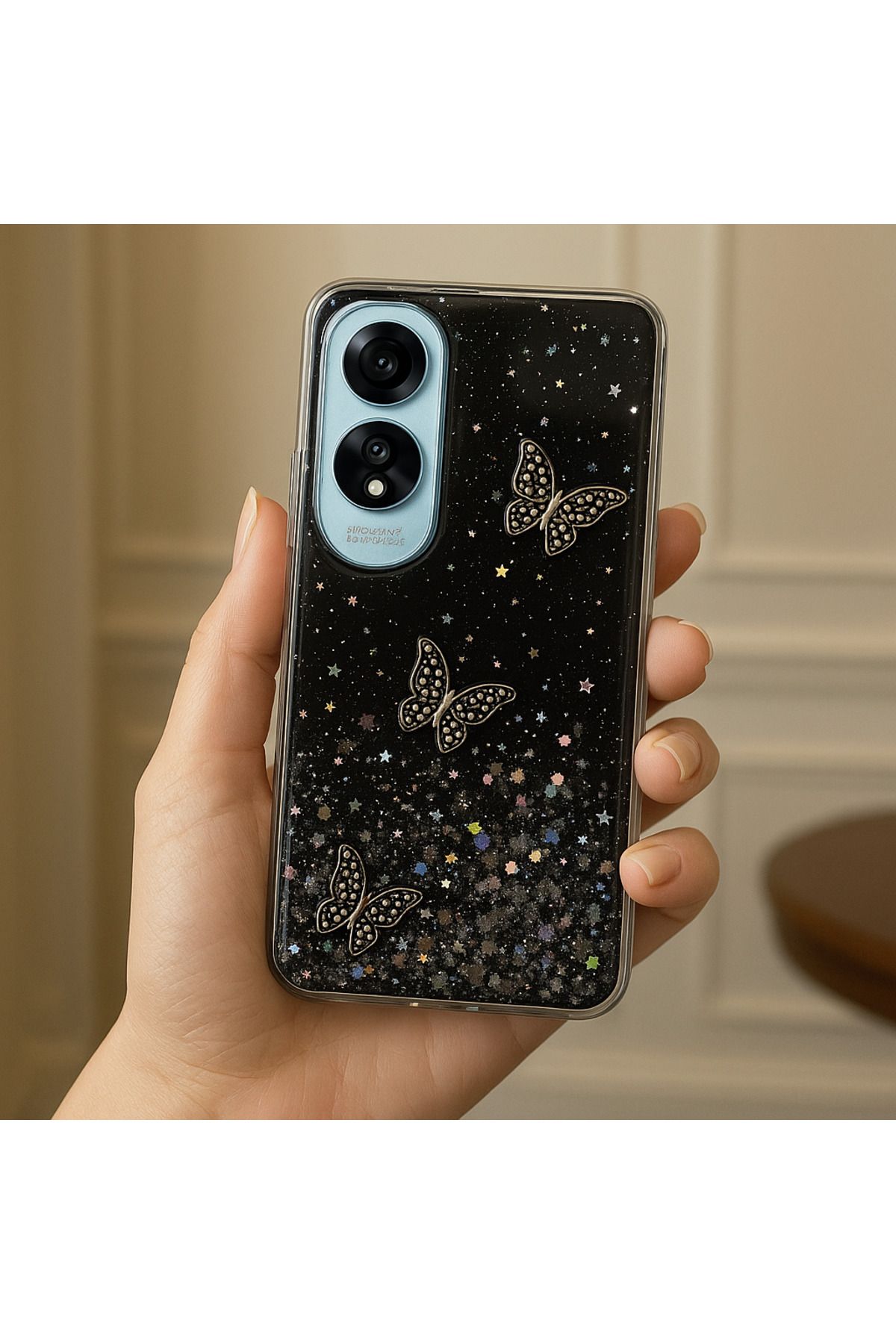 Rivor Oppo A60 Uyumlu Kılıf Kamera Çıkıntılı Simli Kelebek Kabartmalı Desenli İnce Premium Kapak