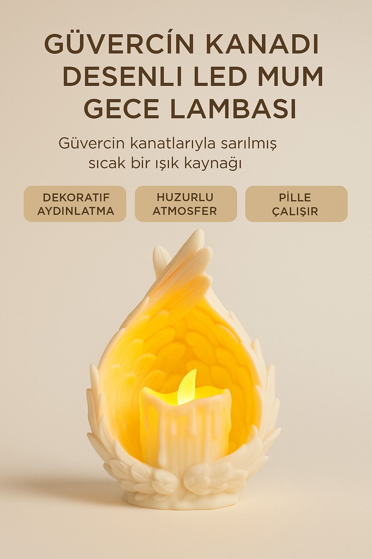 Saatistan Beyaz Güvercin Kanadı Desenli LED Mum Gece Lambası, şık ve modern dekoratif ürün