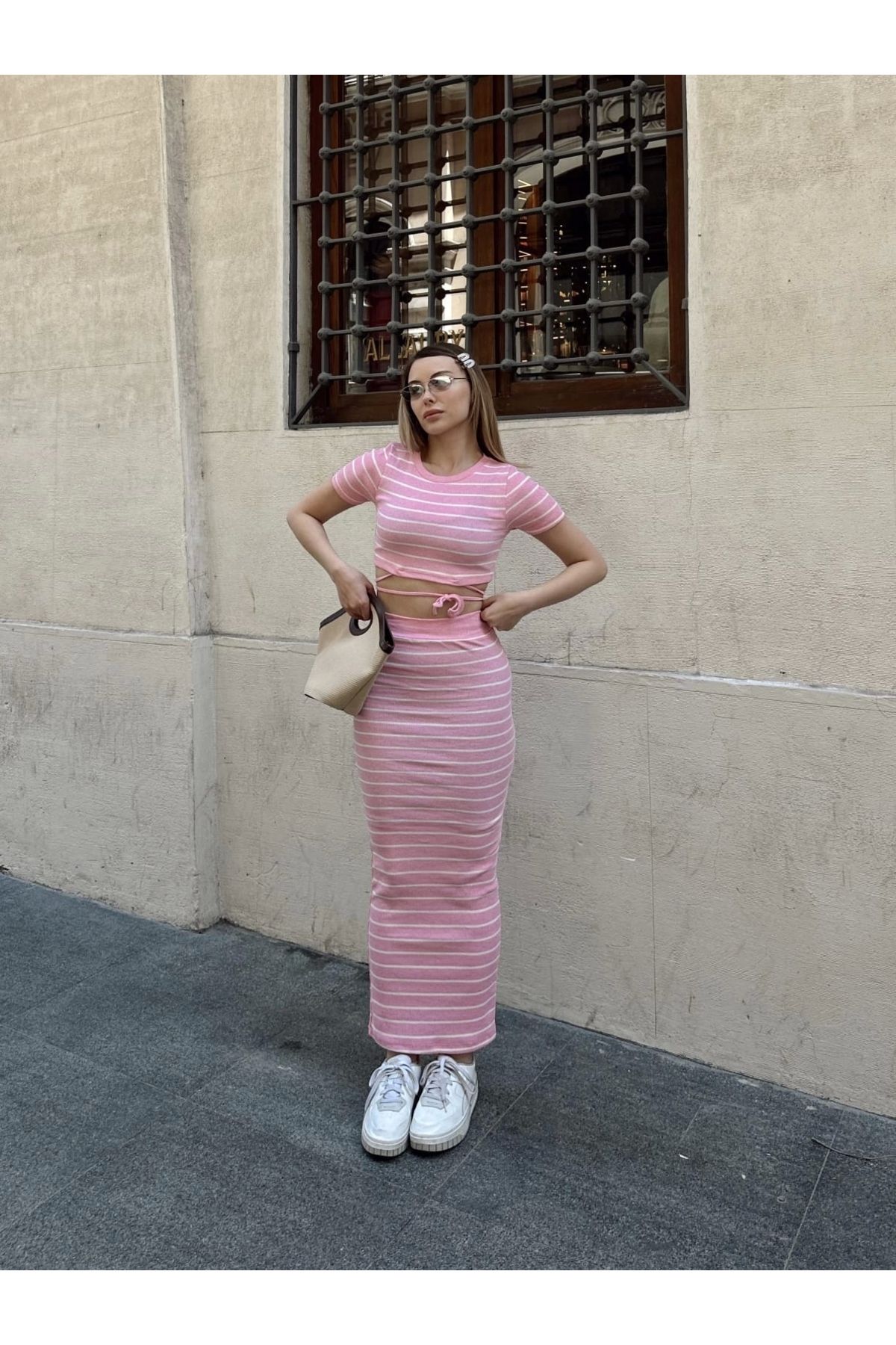 ufukmoda Çizgili etekli takım pembe s3609