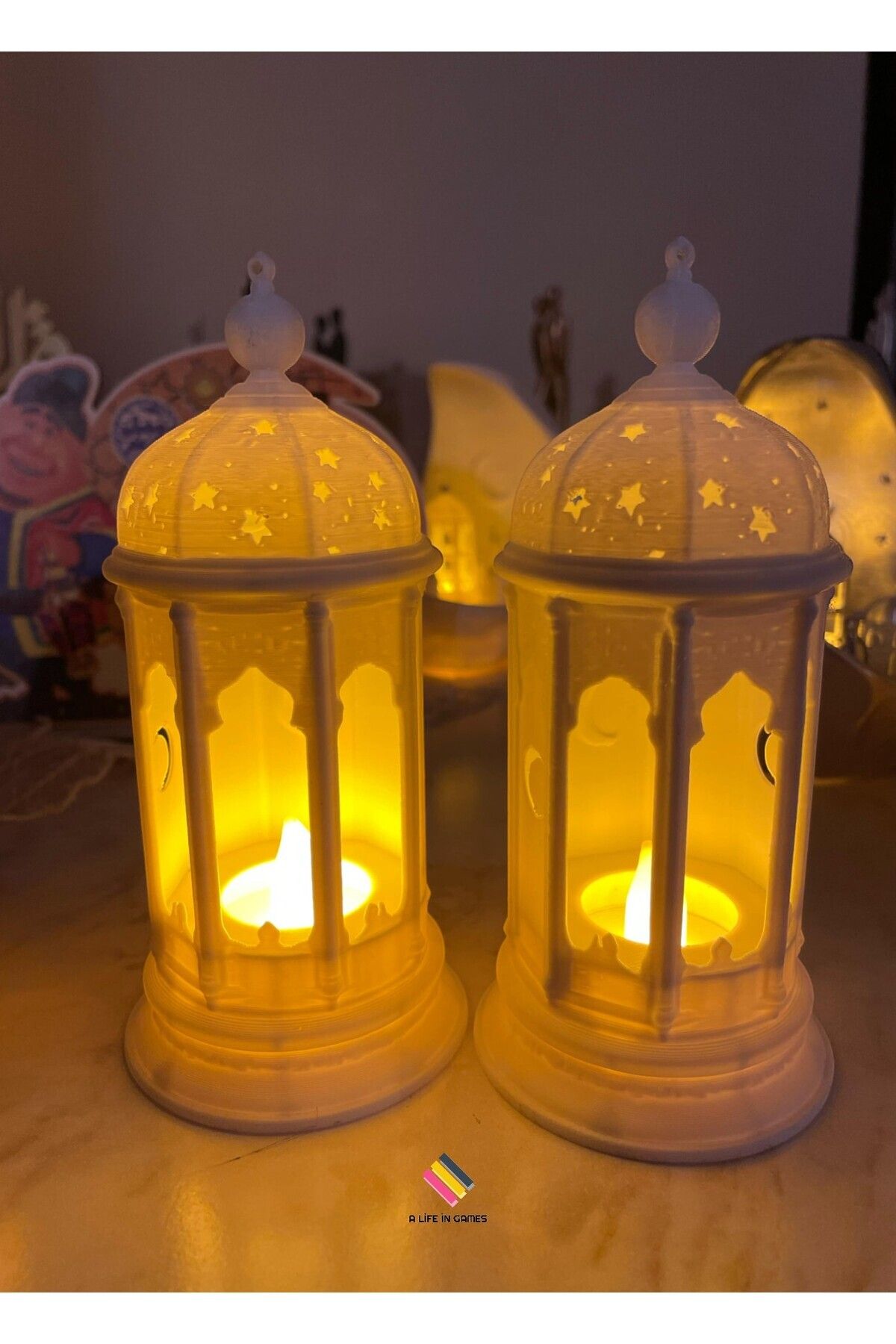 Saatistan İkili Ramazan Feneri Seti, LED Tealight Hediyeli, Modern Dekoratif Ev ve Ofis Işığı