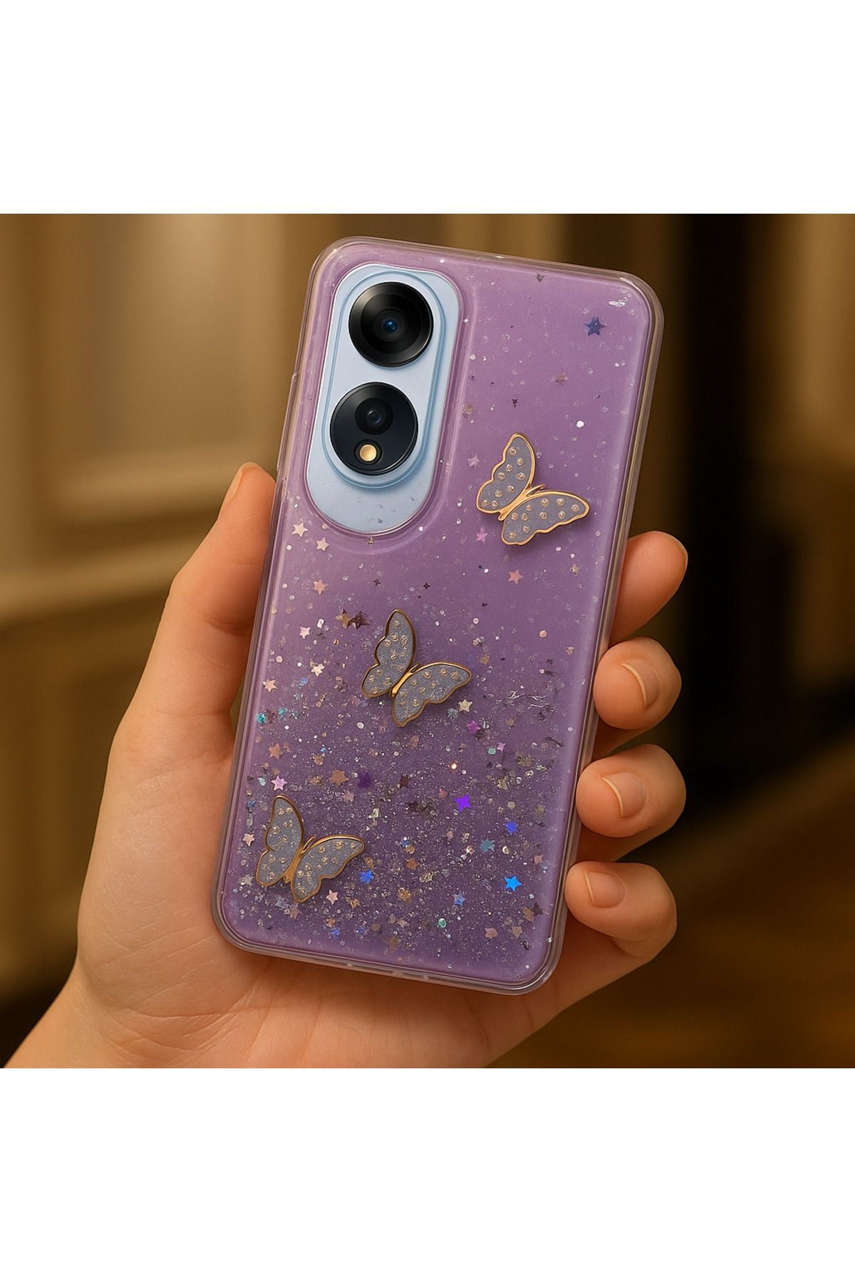 Rivor Oppo A60 Uyumlu Kılıf Kamera Çıkıntılı Simli Kelebek Kabartmalı Desenli İnce Premium Kapak