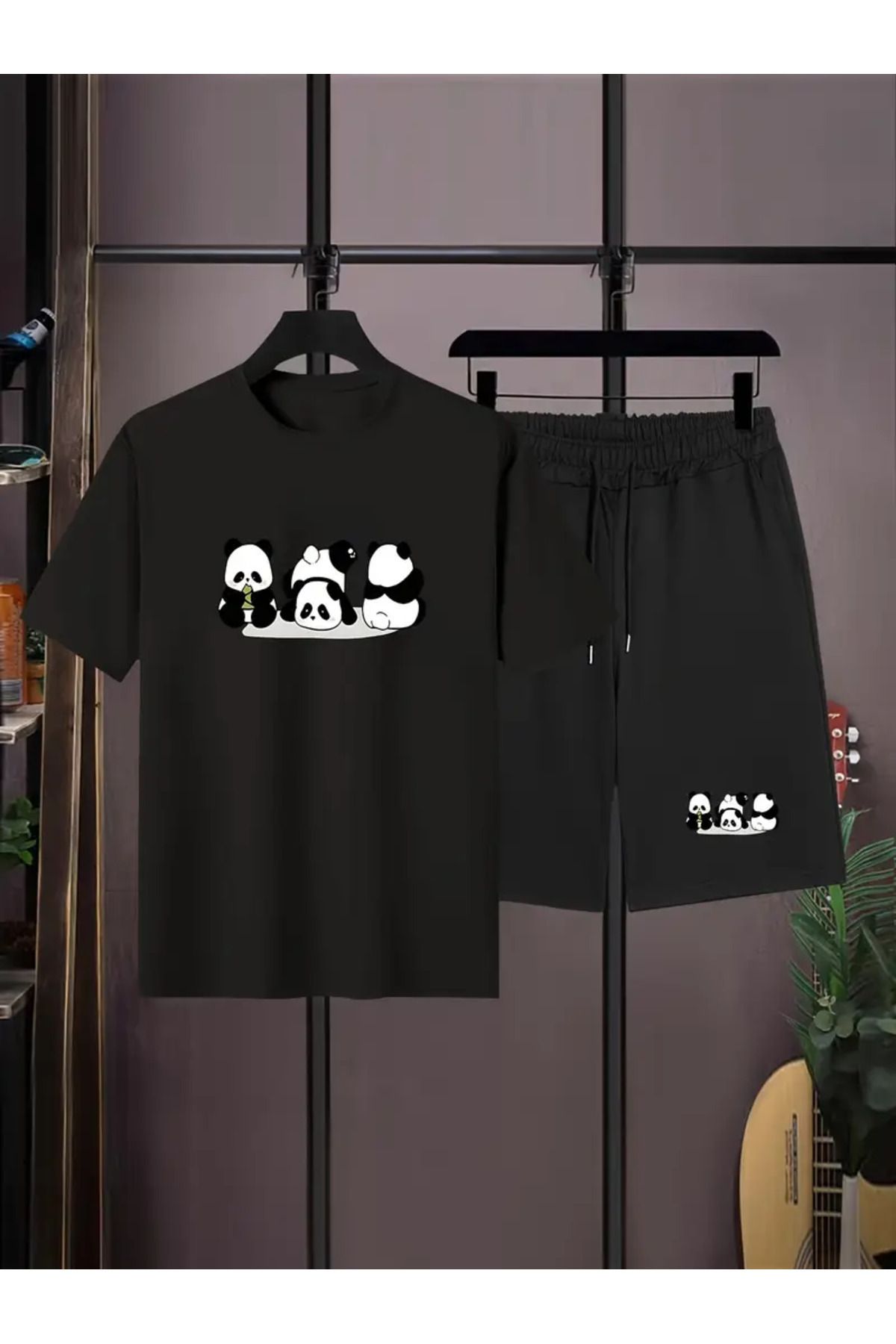Mythologie Pandalar T-shirt Penye Şort - Siyah Şort Tişört Takım Baskılı Oversize Bisiklet Yaka