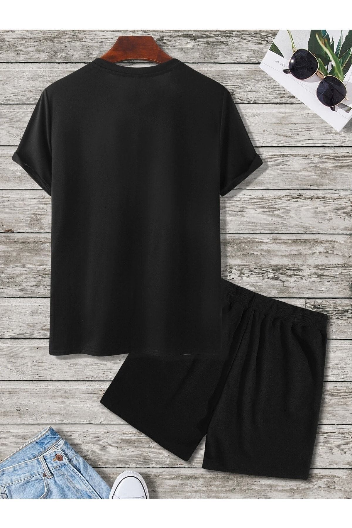Mythologie Çapa Desen T-shirt Şort - Siyah Şortlu Tişört Alt Üst Takım Baskılı Oversize Bisiklet Yaka