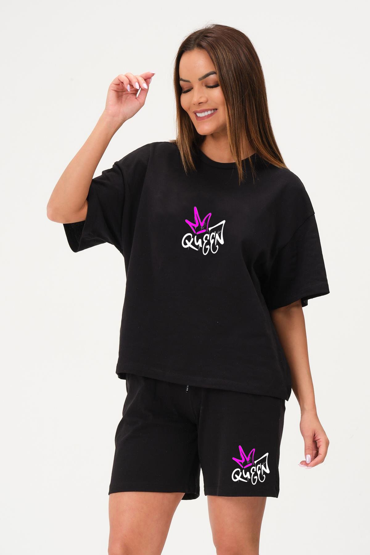 Mythologie Queen Tasarım T-shirt Penye Şort - Siyah Şort Tişört Takım Baskılı Oversize Bisiklet Yaka