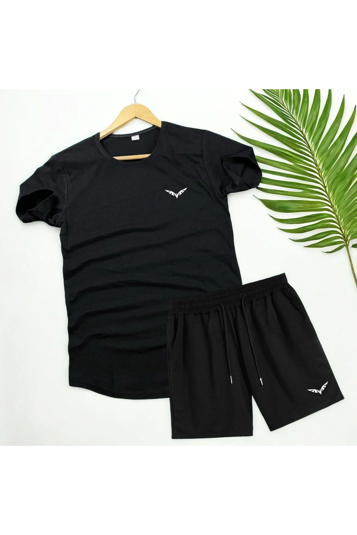 Trendglow Kanat T-shirt Penye Şort - Siyah Şort Tişört Takım Baskılı Oversize Bisiklet Yaka