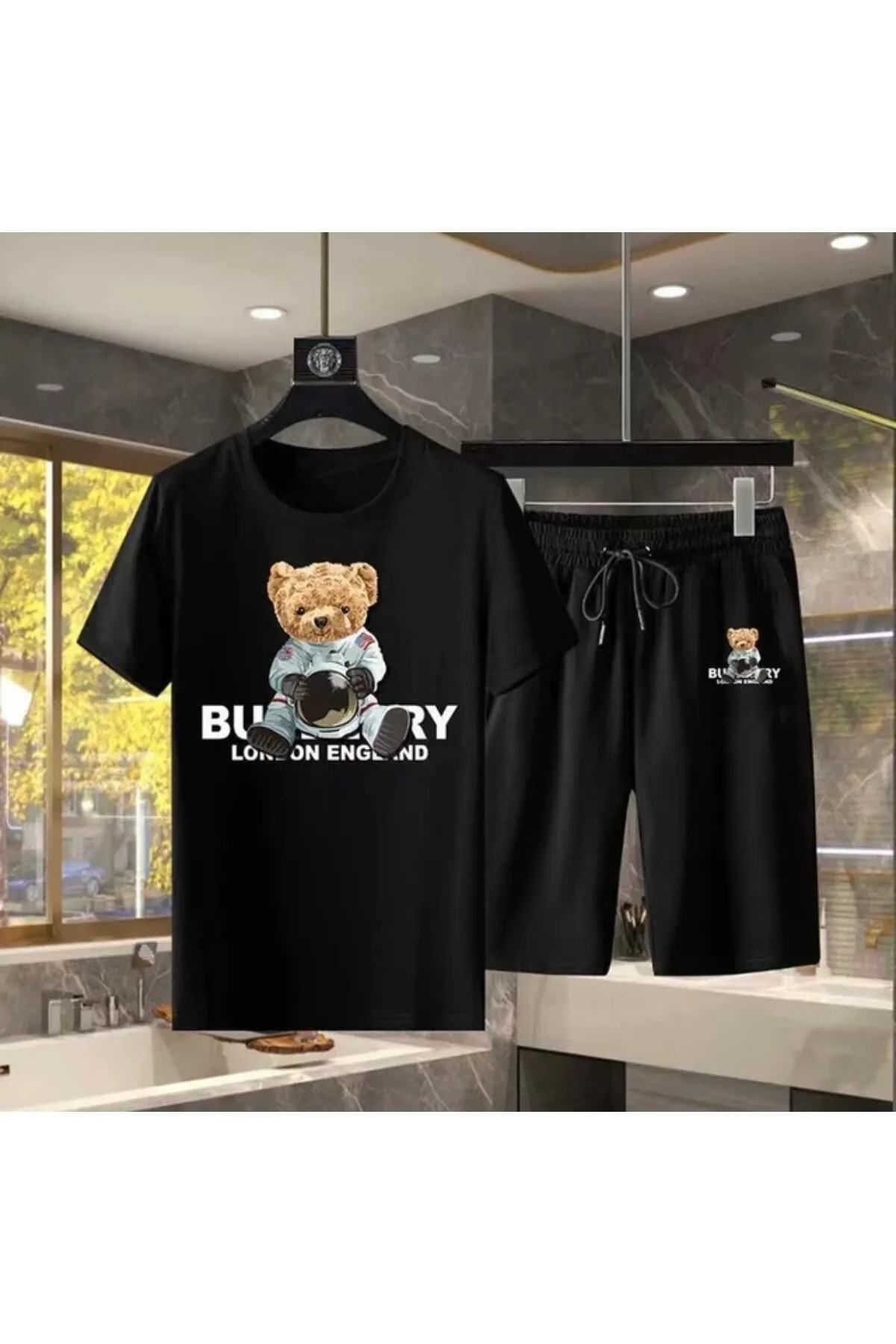 Mythologie Bear London Siyah T-shirt Penye Şort - Şort Tişört Alt Üst Takım Baskılı Oversize Bisiklet Yaka