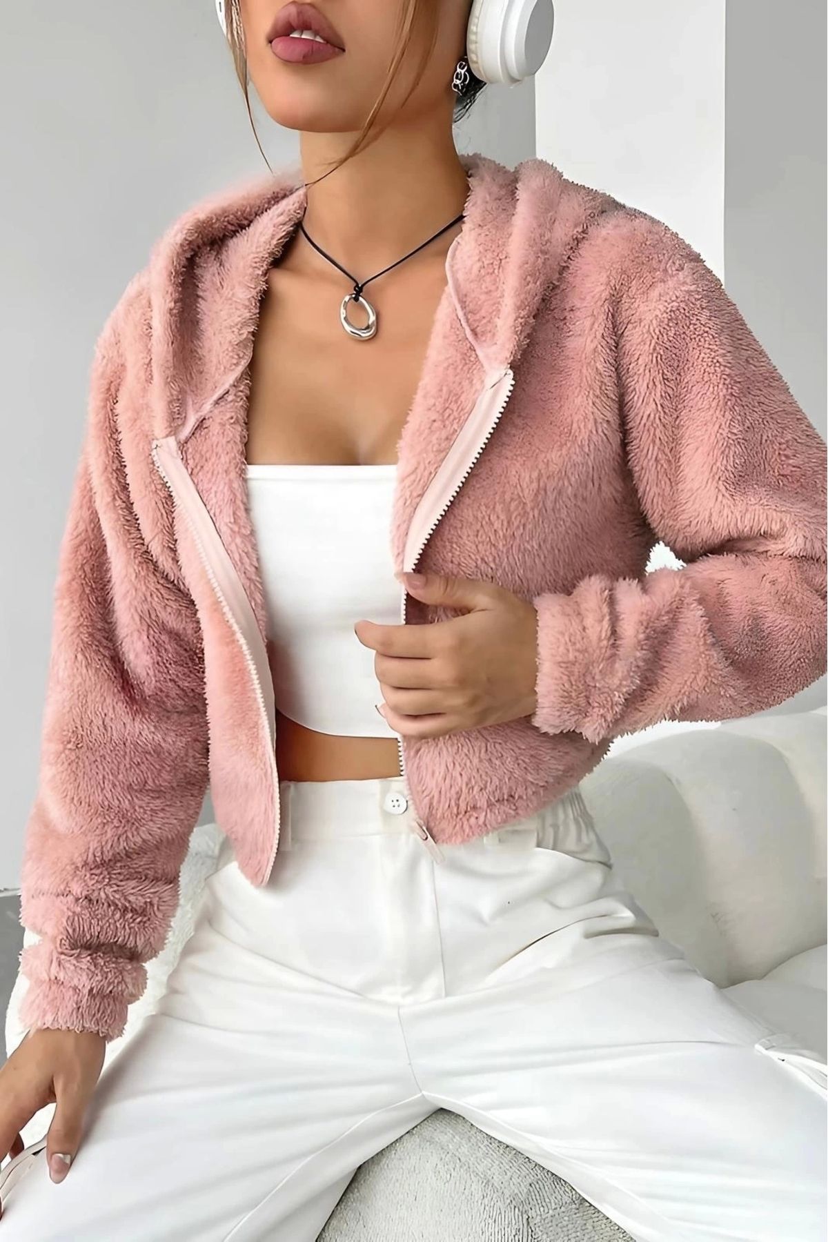 ufukmoda Peluş ceket kapşonlu pudra