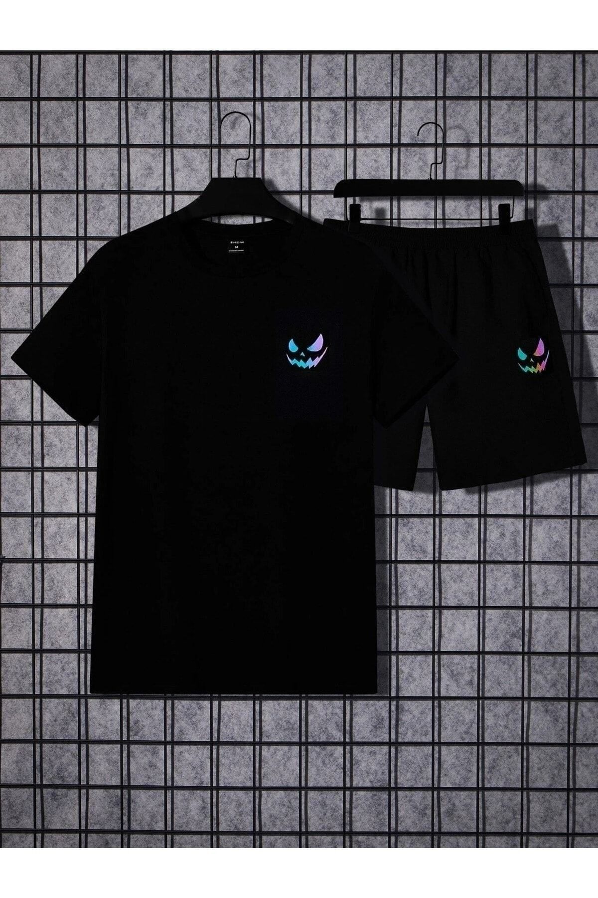Mythologie Devil T-shirt Şort - Siyah Şortlu Tişört Alt Üst Takım Baskılı Oversize Bisiklet Yaka