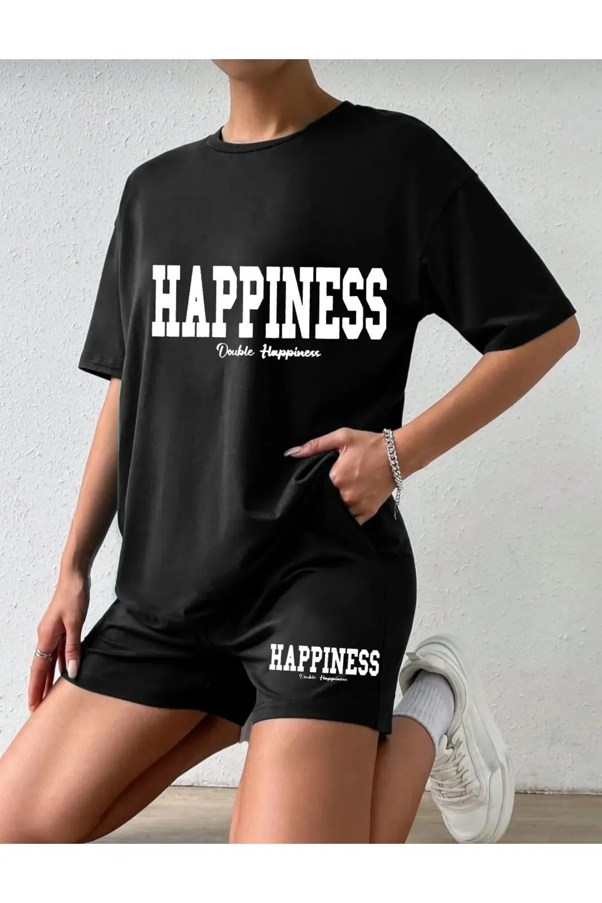 Trendglow Happiness T-shirt Penye Şort - Siyah Şort Tişört Takım Baskılı Oversize Bisiklet Yaka