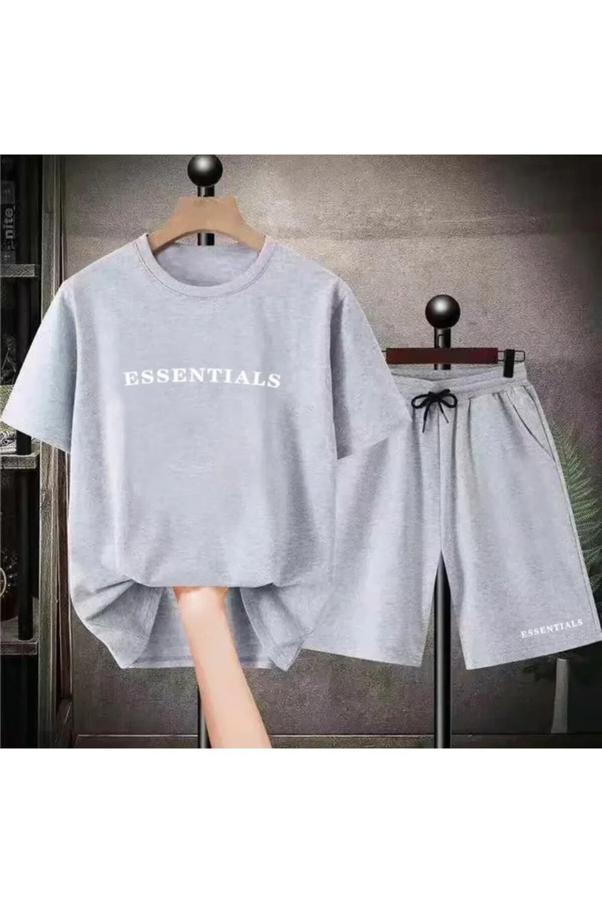 Mythologie Essentials Gri T-shirt Penye Şort - Şort Tişört Alt Üst Takım Baskılı Oversize Bisiklet Yaka