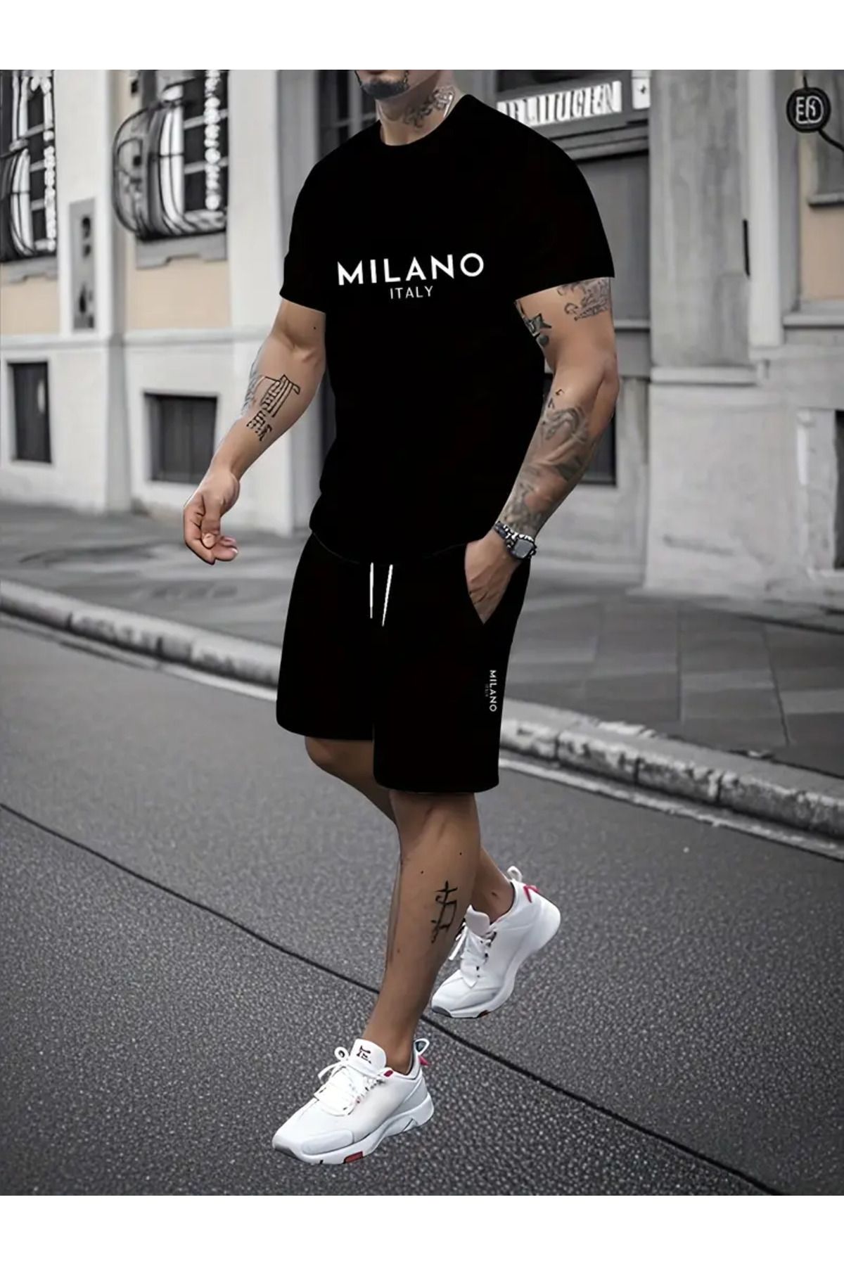 Mythologie Milano Italy T-shirt Penye Şort - Siyah Şort Tişört Takım Baskılı Oversize Bisiklet Yaka