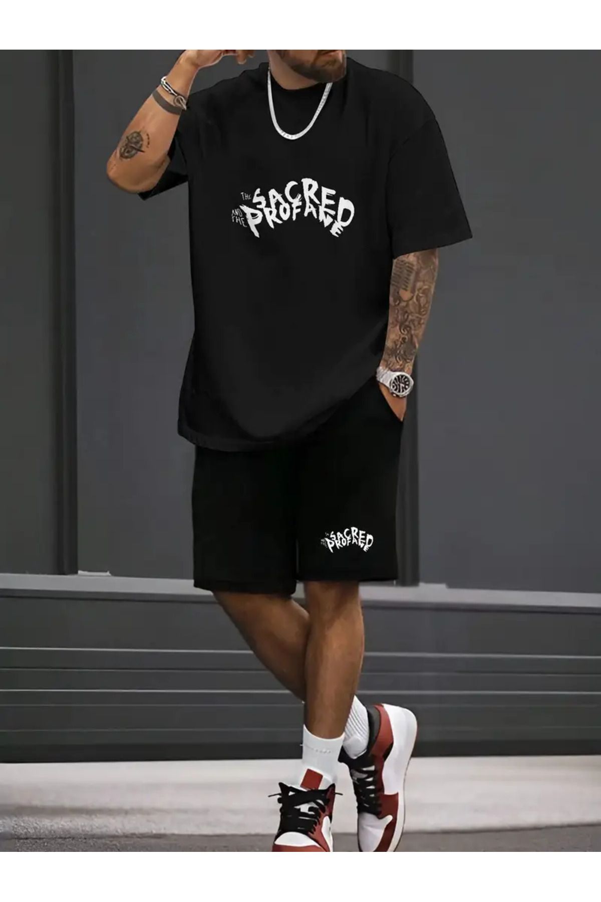 Trendglow Sacred T-shirt Penye Şort - Siyah Şort Tişört Takım Baskılı Oversize Bisiklet Yaka