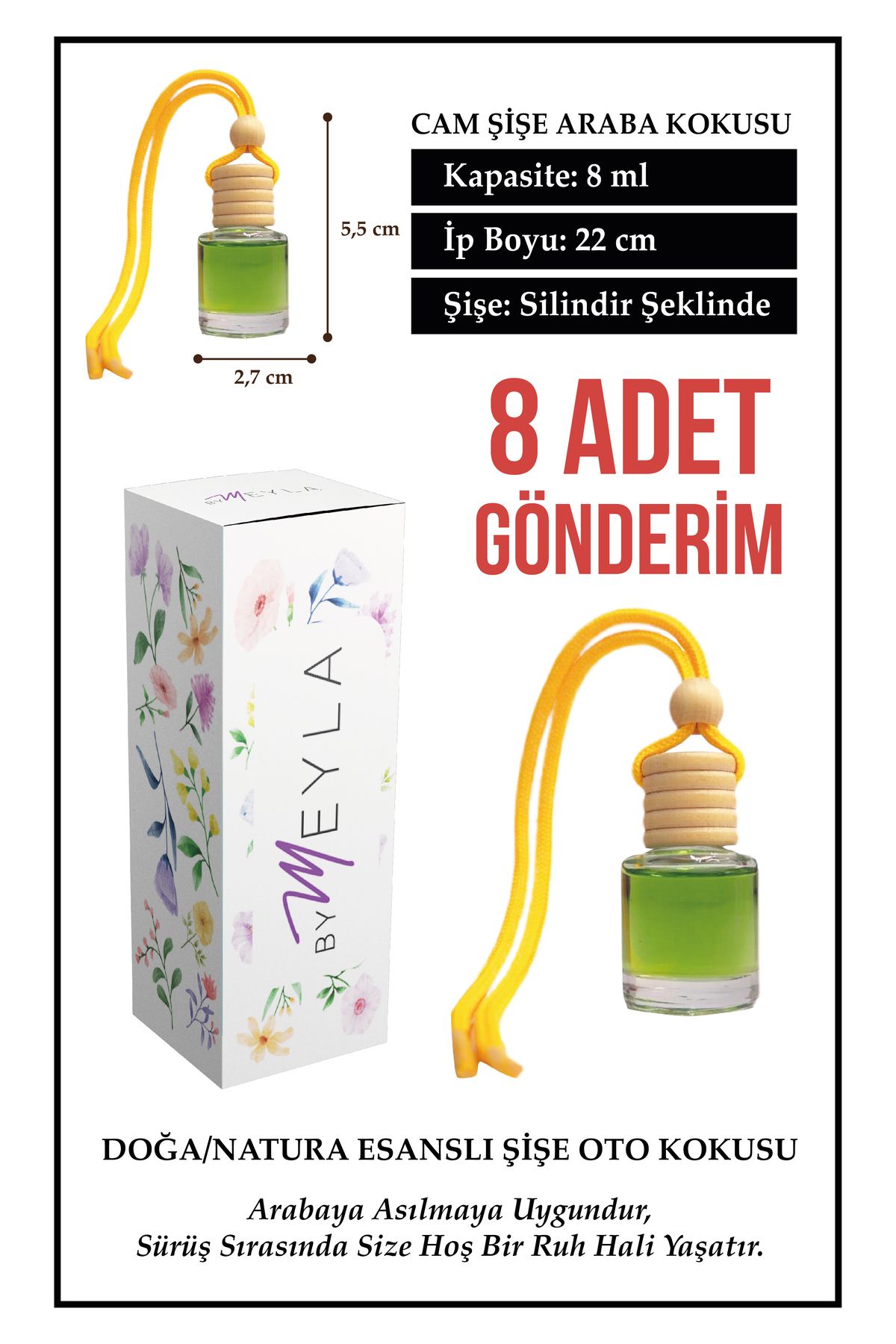 Meröka 8 Adet Doğa Nature Esans Aromalı Cam Şişeli Oto Kokusu ve Dikiz Aynası Aksesuarı