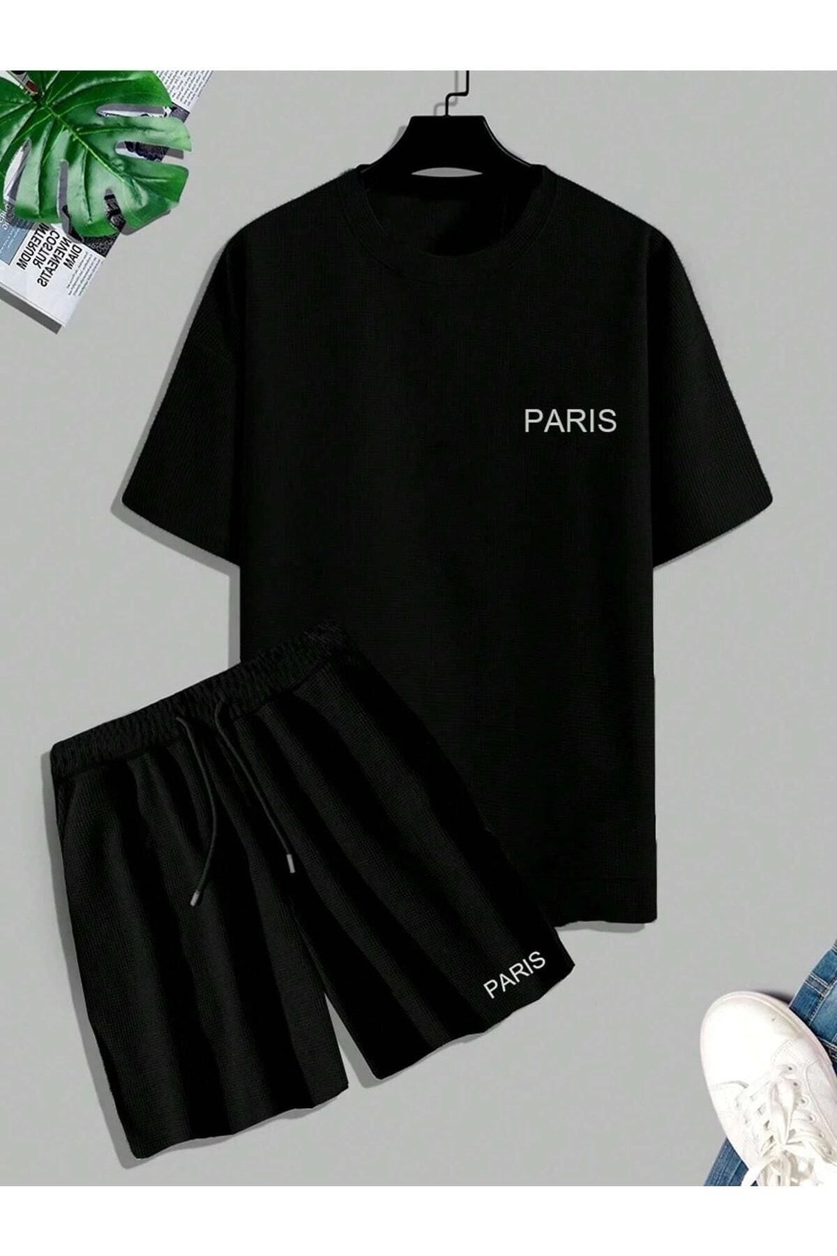 Mythologie Minimal Paris- Siyah Şortlu Tişört Alt Üst Takım Baskılı Oversize Bisiklet Yaka