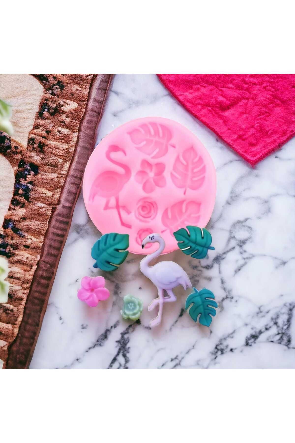 Saatistan Pembe flamingo ve yapraklar silikon mum kalıbı, şık ve kullanışlı tasarım