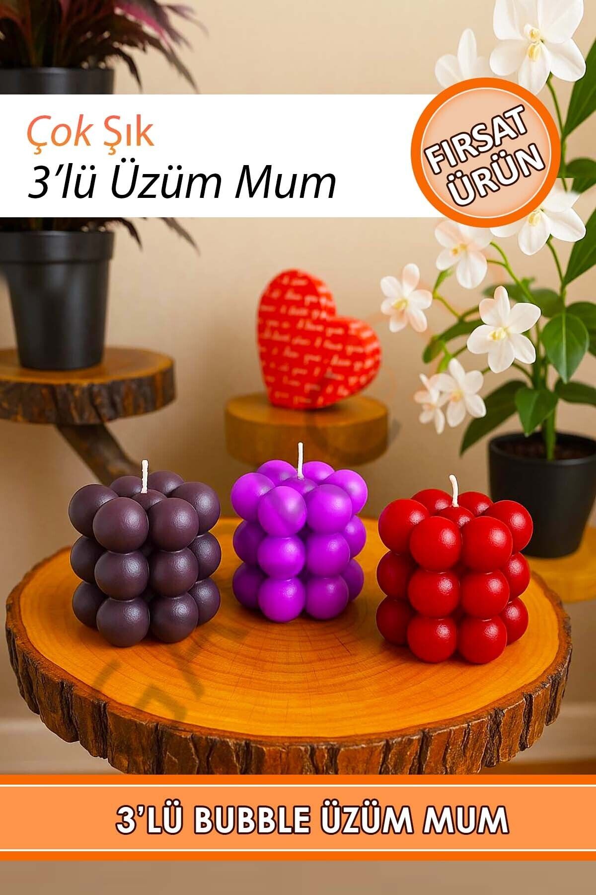 Saatistan 3'lü Dekor Bubble Üzüm Mum Seti, Kırmızı Siyah Eflatun Renkli
