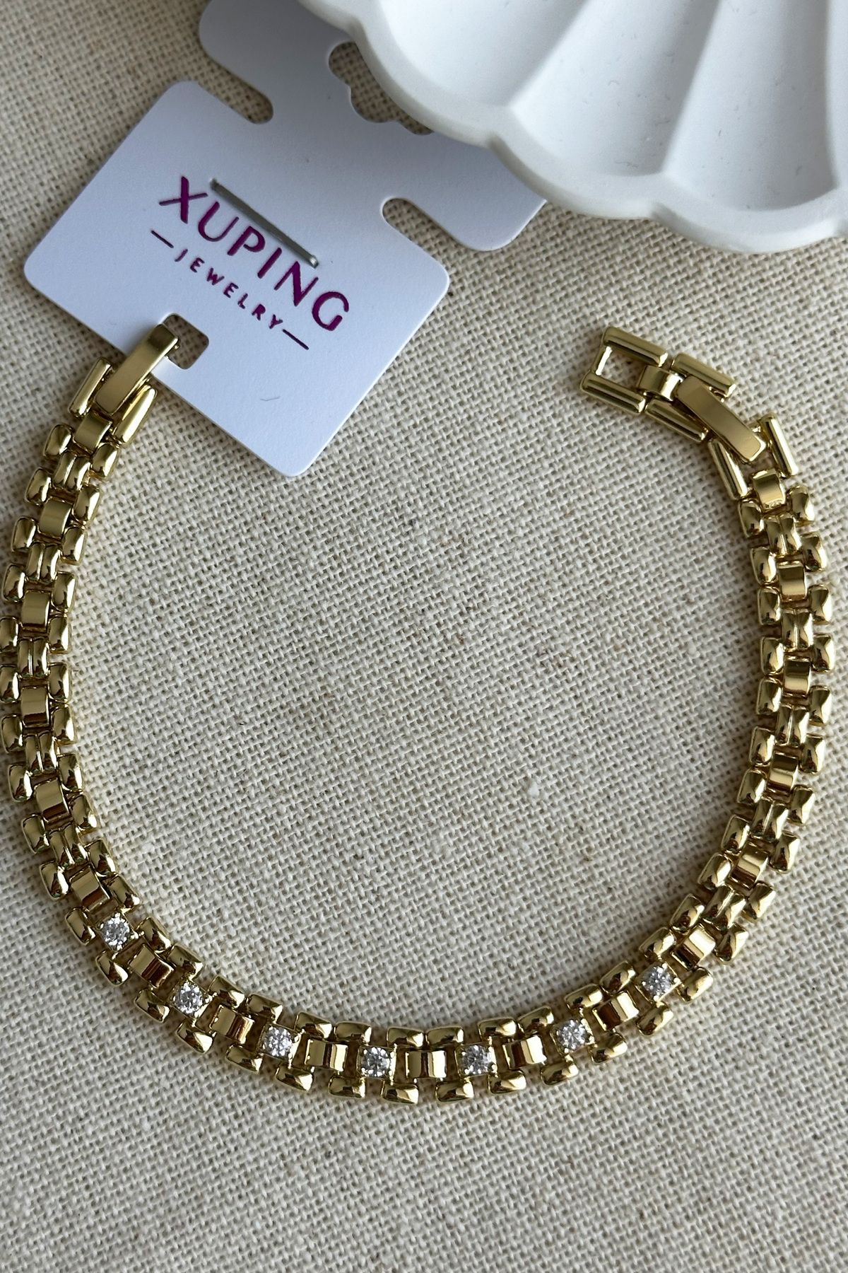 Modacaprea Xuping 14K Geçmeli Zincir Taşlı Kadın Bileklik – 17+2 cm | Altın Renk Kararmaz Xuping Takı