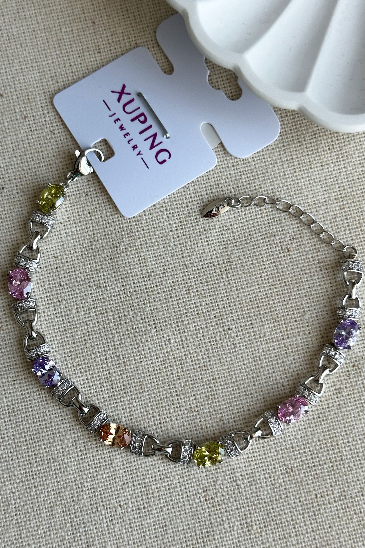 Modacaprea Xuping Renkli Taşlı Zincir Taşlı Kadın Bileklik – 16+3 cm | Gümüş Renk Kararmaz Xuping Takı