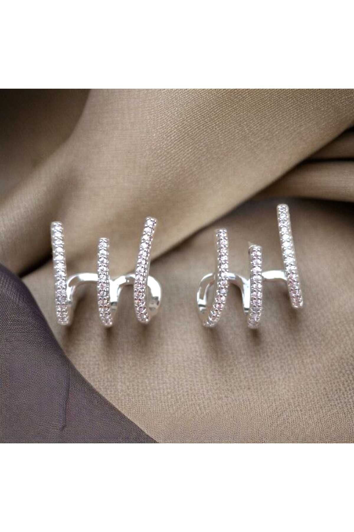 feyza collection Zirkon Taşlı Üçlü Görünümlü VIP Çelik Küpe