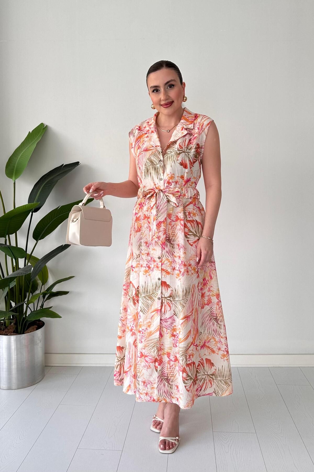 MaziButik Floral Keten Elbise Krem